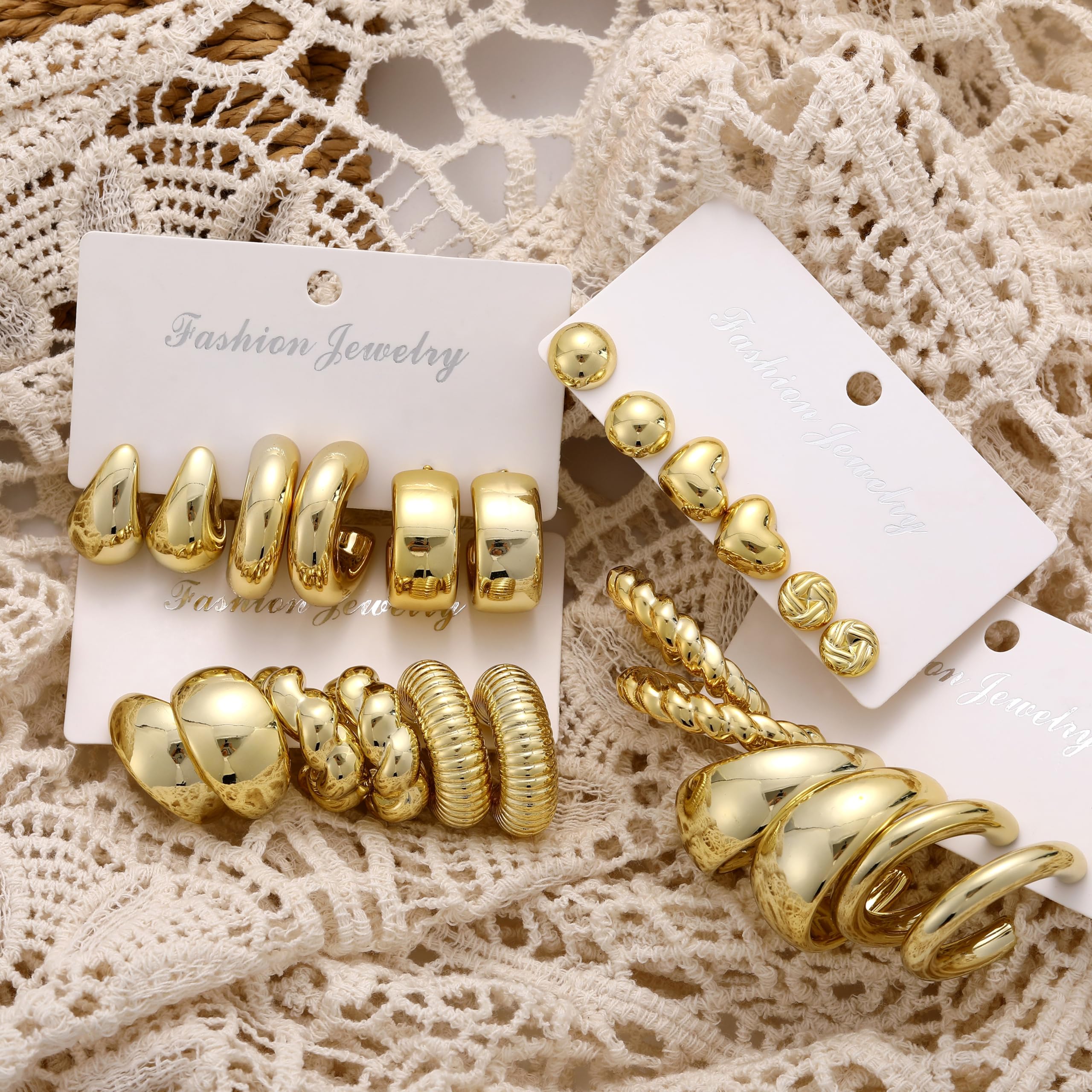12 Pairs Chunky Gold Hoop Earrings for Women Trendy, Gold Plated Lightweight Classics Hypoallergenic Stack, Thick Open Twisted Huggie Hoops Earring Set