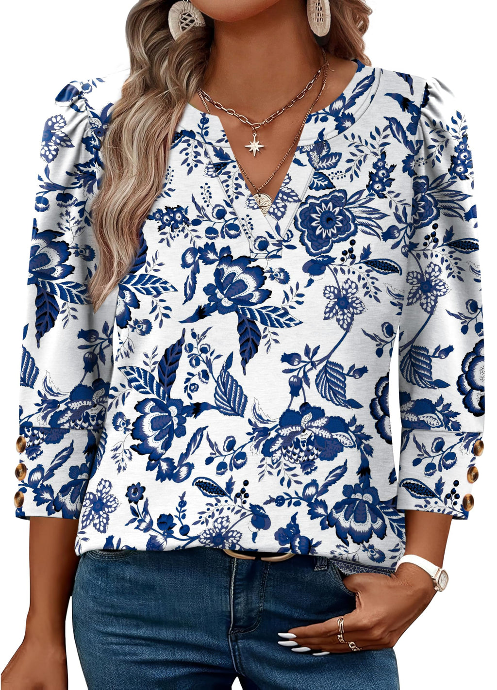 Boho Tops for Women 3/4 Length Sleeve Womens Tops Blouses Dressy Casual Early Fall Fashion 2026 Spring Outfits for Teachers Plus Size Summer Women's Clothing Trendy Fall Clothes Blue Floral 2XL