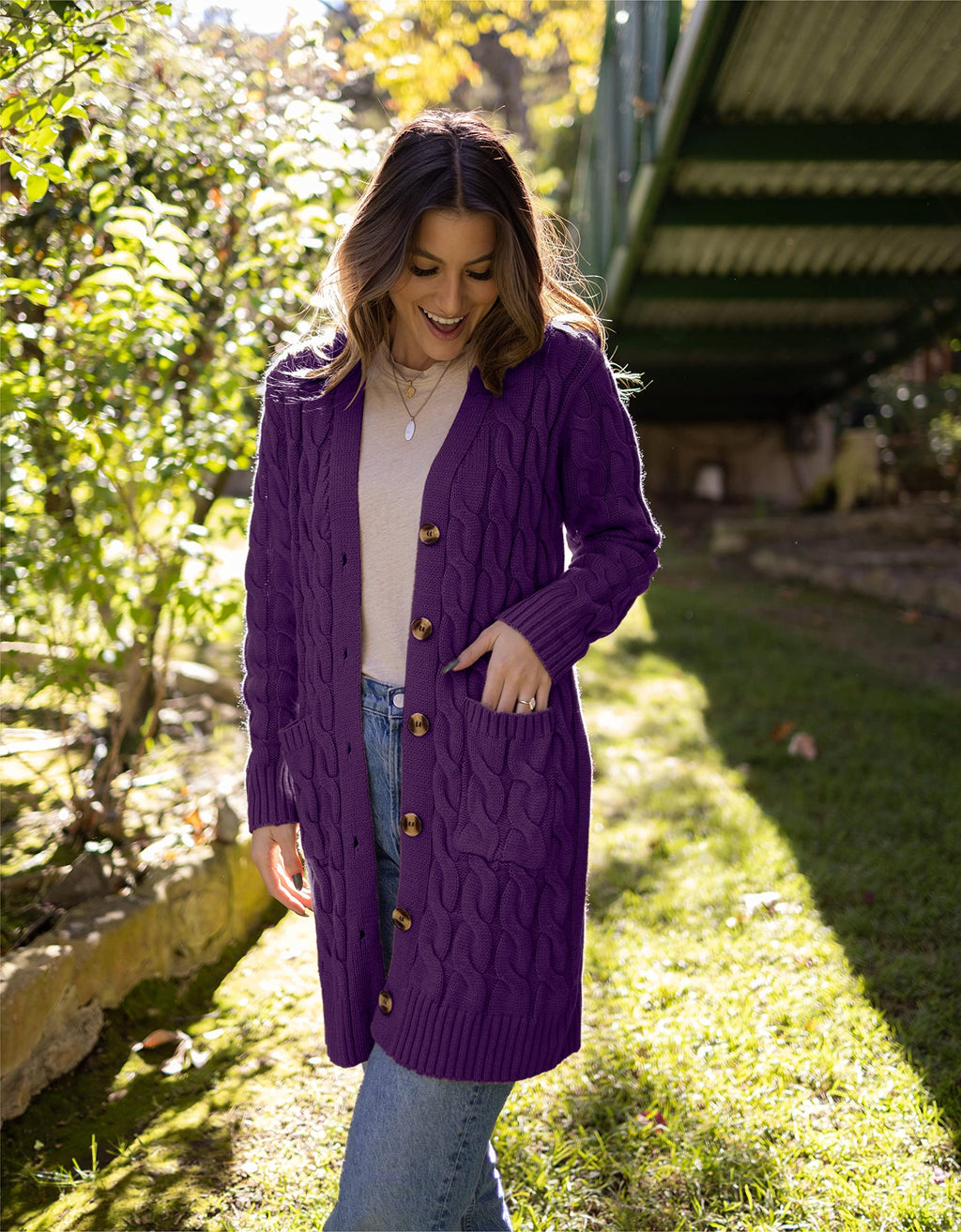 PRETTYGARDEN Long Sleeve Cable Knit Long Cardigan for Women 2026 Spring Winter Chunky Open Front Button Sweaters with Pockets (Deep Purple, Small)