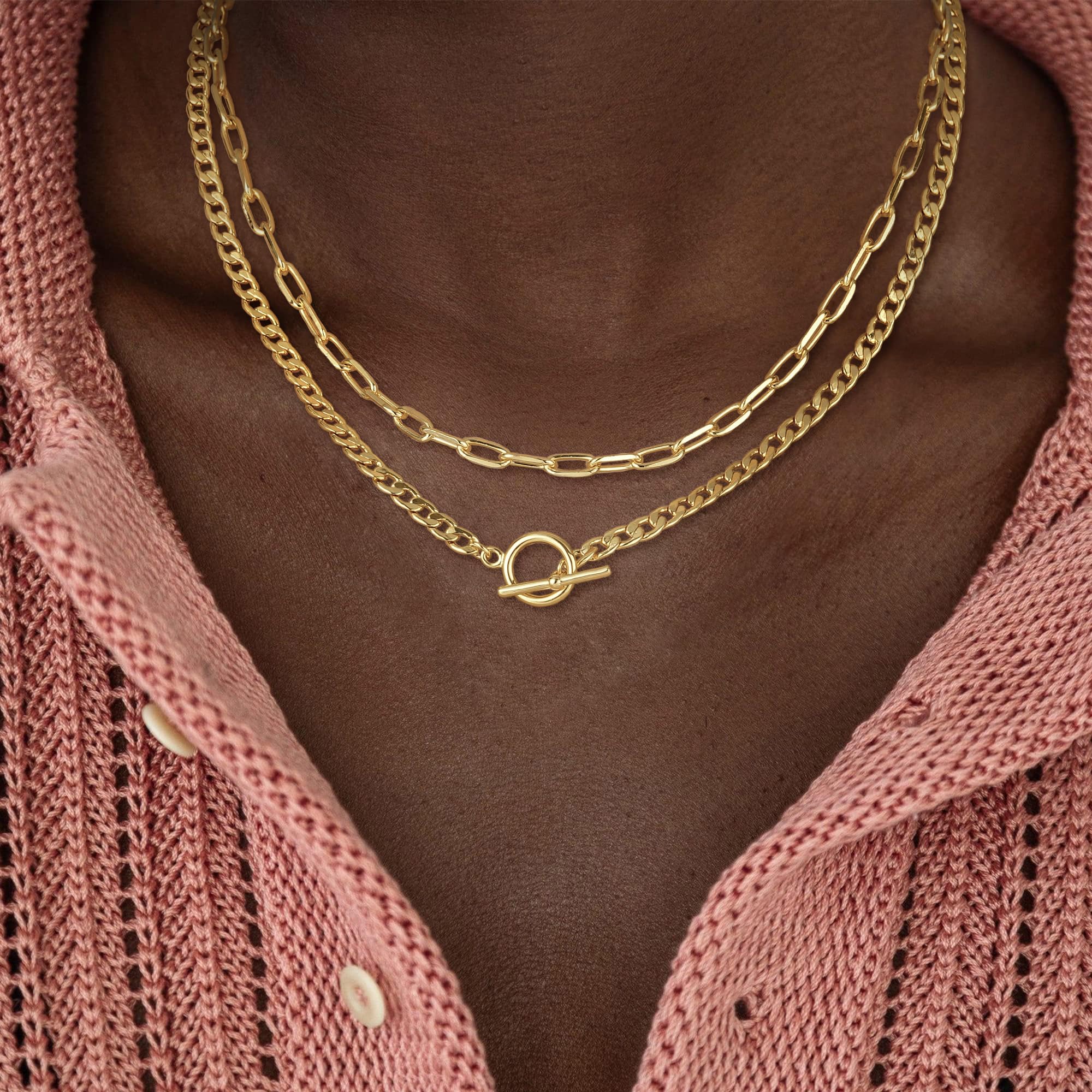 CHESKY Layered Necklaces for Women, 14K Gold Plated Chain Necklace Trendy Cuban Link Paperclip Chain Toggle Clasp Necklace Fashion Chunky Jewelry Accessories for Women