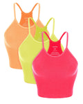 ODODOS Women's Crop 3-Pack Seamless Rib-Knit Camisole Crop Tank Tops, Long Crop, Neon Pink Green Orange, Medium/Large