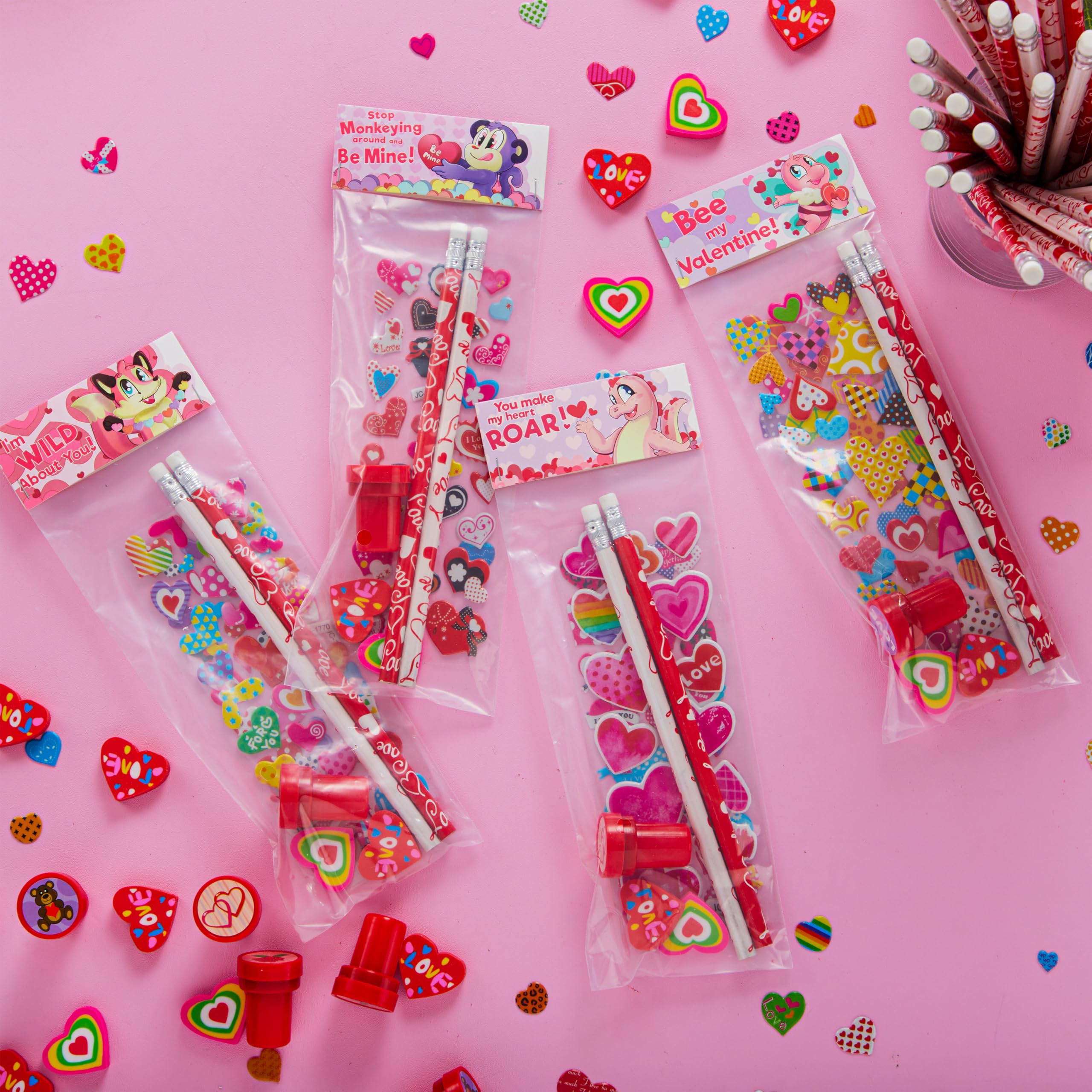 JOYIN 36 Packs Valentine Stationery Kids Gift Set, Classroom Exchange Party Favor for Holiday Reward Prizes - Includes Pencils, Erasers, Stamper, Stickers