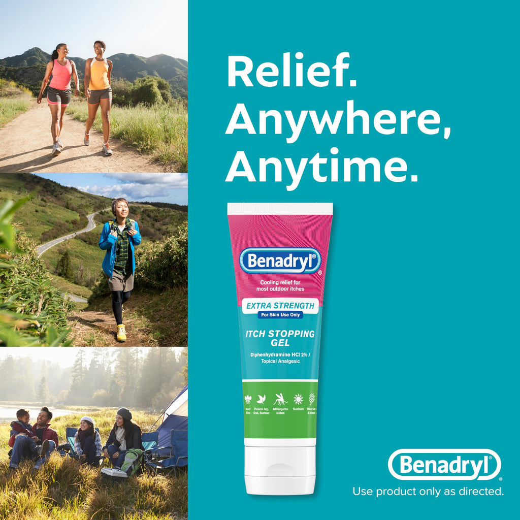 Benadryl Topical Itch Relief Gel, Extra Strength, Contains 2% DIPHENHYDRAMINE HCL, Soothing Relief from SCRAPES, Insect Bites, Sunburn, Poison Ivy and More, Great for Outdoors, 3.5 FL OZ