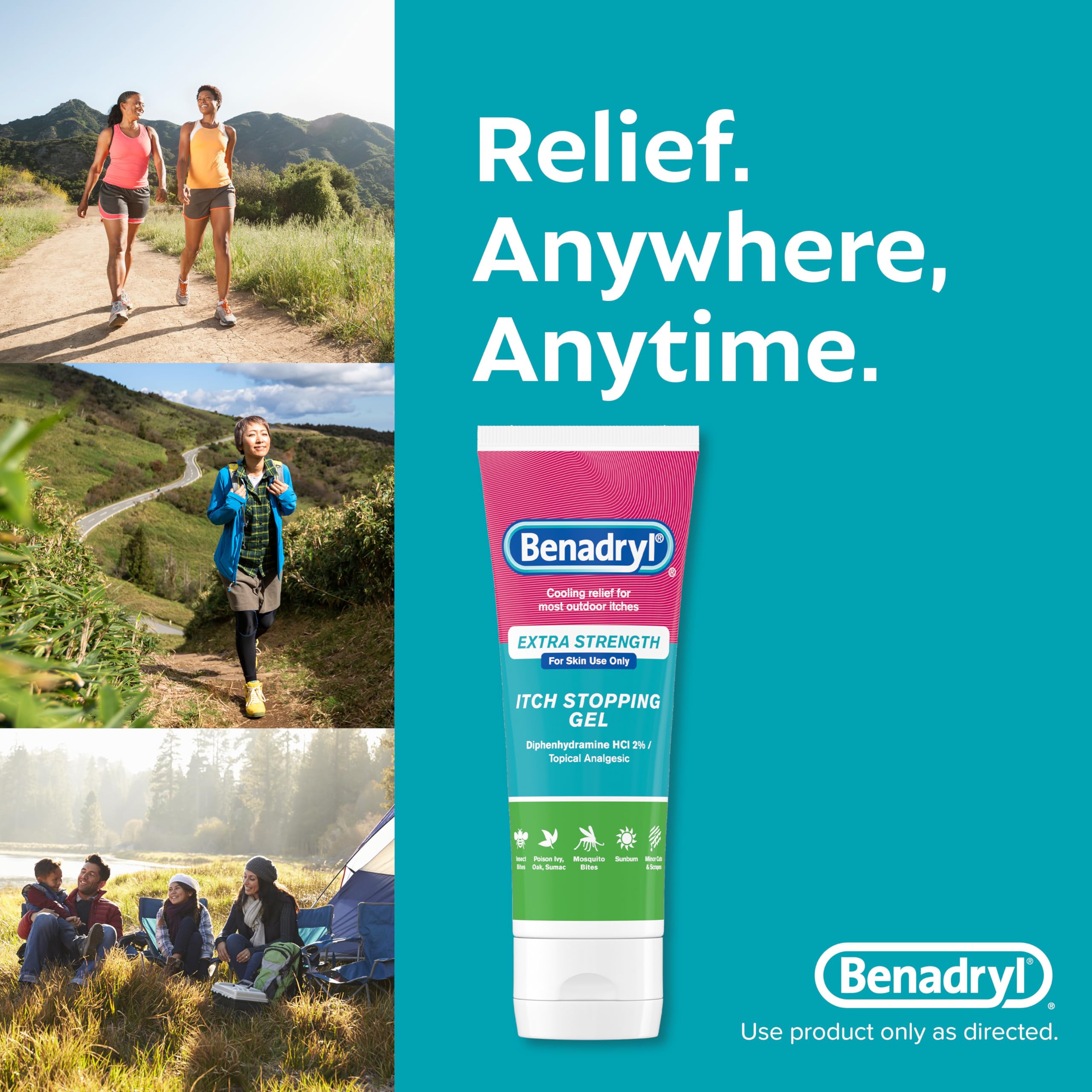 Benadryl Topical Itch Relief Gel, Extra Strength, Contains 2% DIPHENHYDRAMINE HCL, Soothing Relief from SCRAPES, Insect Bites, Sunburn, Poison Ivy and More, Great for Outdoors, 3.5 FL OZ
