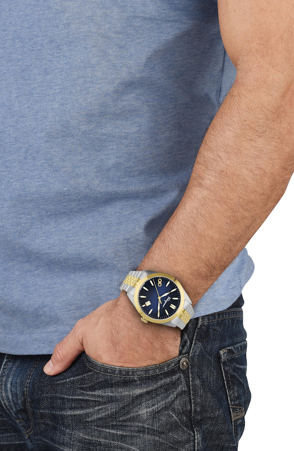Ferragamo Classic Collection Luxury Mens Watch Timepieces with a Two Tone Bracelet and Case Featuring a Blue Dial