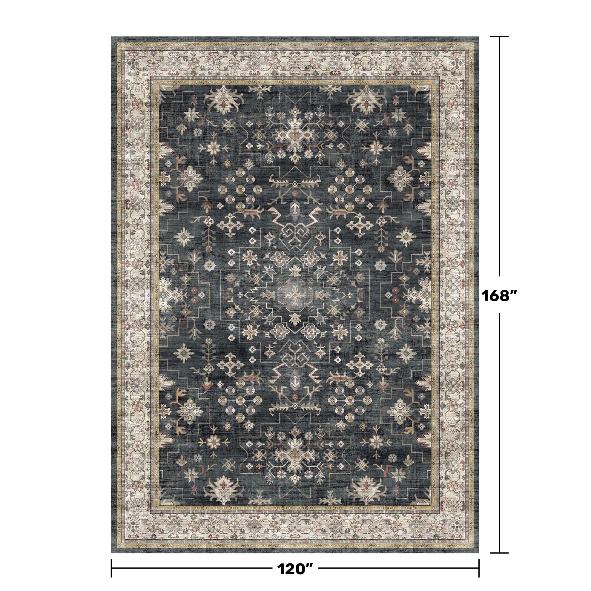 Boho Black Rug for Living Room - Washable 10x14 Area Rug, Dining Room Rugs for Under Table, Soft Low Pile Carpet for Large Bedroom - Farmhouse Decor, Non-Slip & Stain Resistance (10x14 Black/Multi)