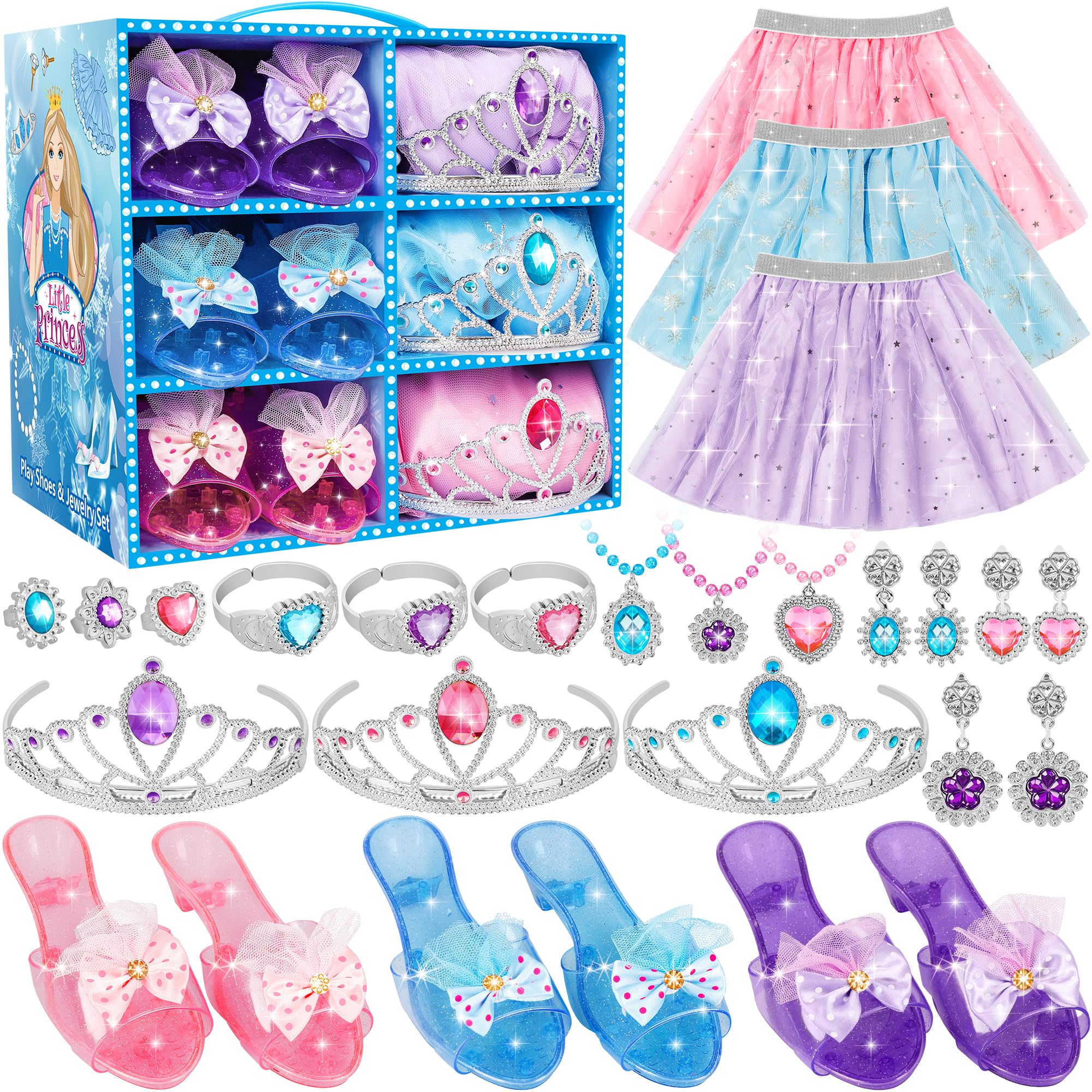 LJZJ Princess Dress Up Toys & Jewelry Boutique, Costumes Set incl Color Skirts, Shoes, Crowns, Accessories, Girls Role Play Gift for 3 4 5 6 Year Old Girl Toddler B-Day Party Favors