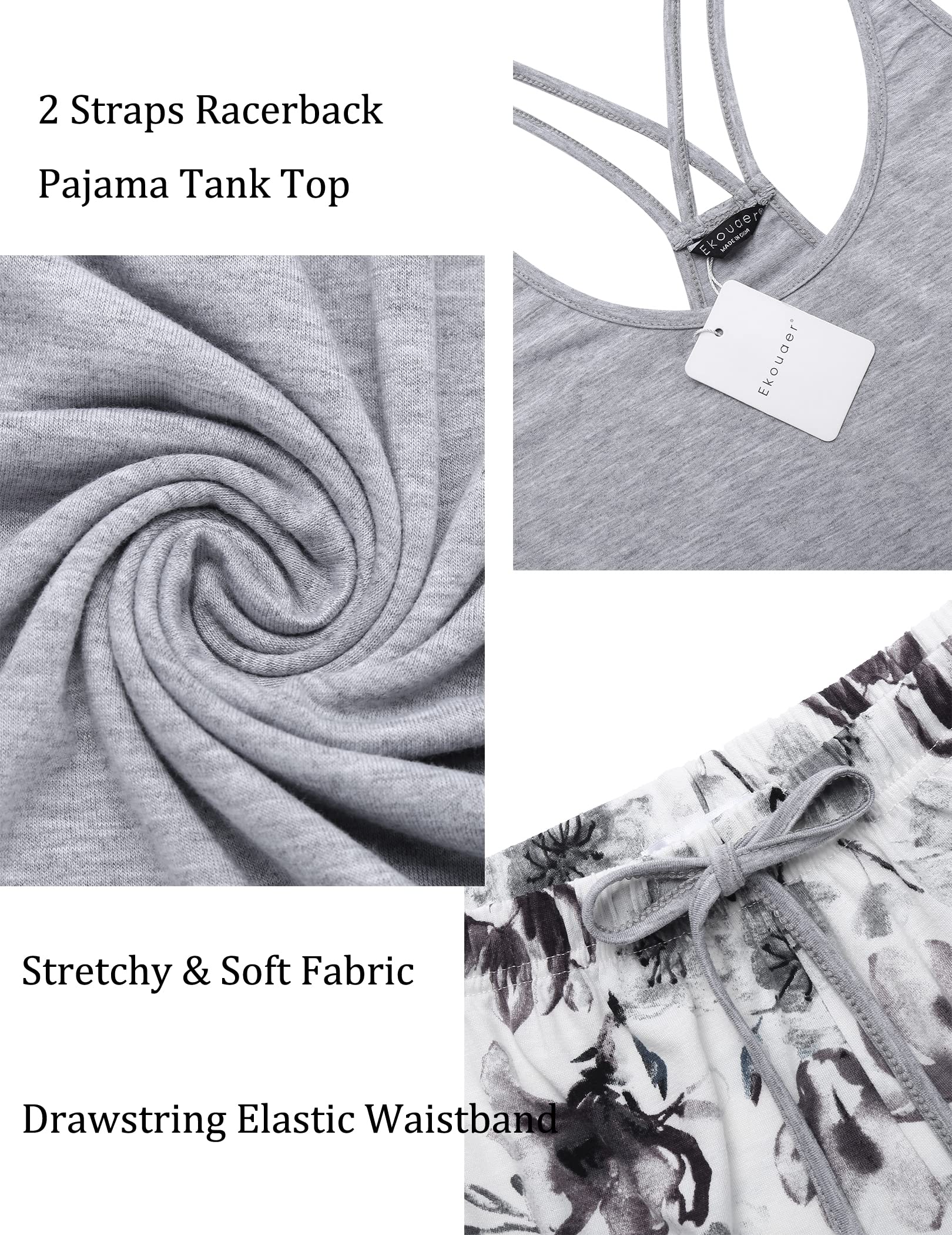 Ekouaer Womens Cami Pajama Set Sleeveless Racerback Tank Top Pjs Soft Sleepwear Light Grey Floral Medium