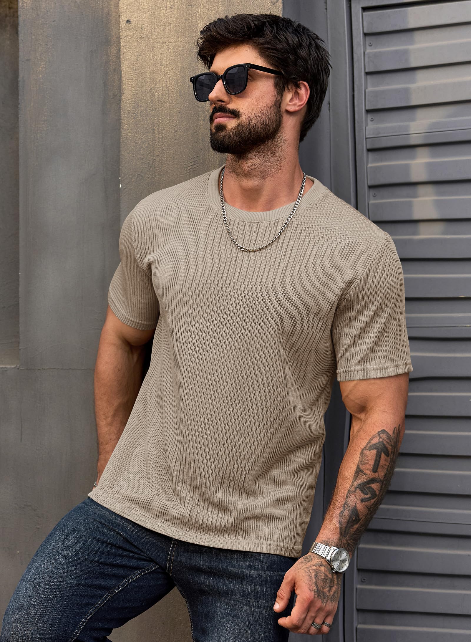 Herberton Men's New Casual Tee Urban Comfort Tshirts Short Sleeve Solid Classic Fresh Knit Summer Crew Neck Collarless Basic Resort Gentle Modern Tee-Shirts Khaki L