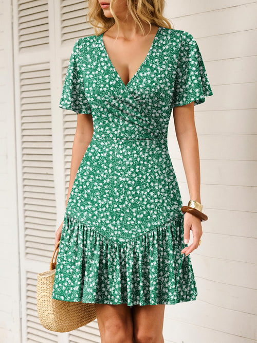 ANRABESS Womens Summer Dresses Short Sleeve Wrap V Neck A-Line Floral Mini Dress Spring Causal Boho Beach Vacation Sundress Green White Floral L