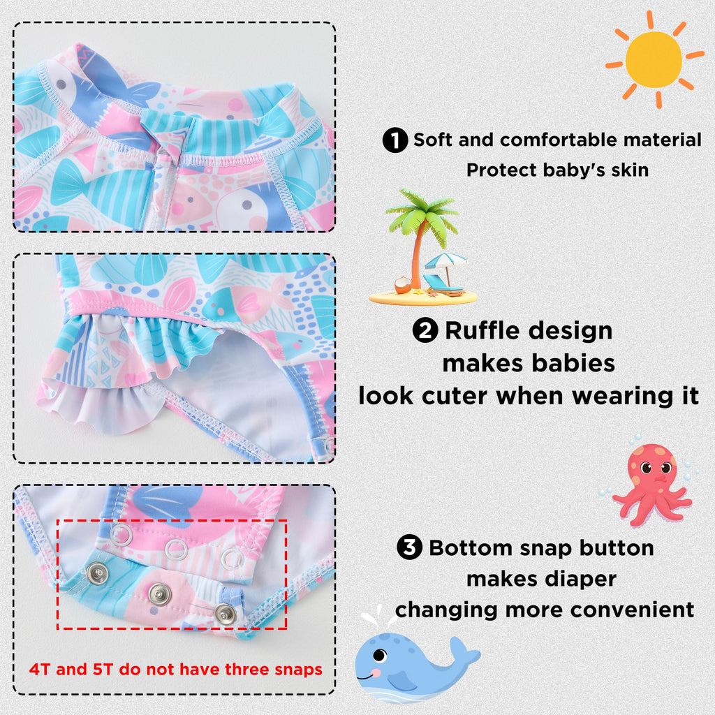 UMELOK Toddler Girls One Piece Swimsuit Long Sleeve Bathing Suit UPF 50+ Sun Protection Rash Guard Swimwear with Zipper Cute Fish,4T