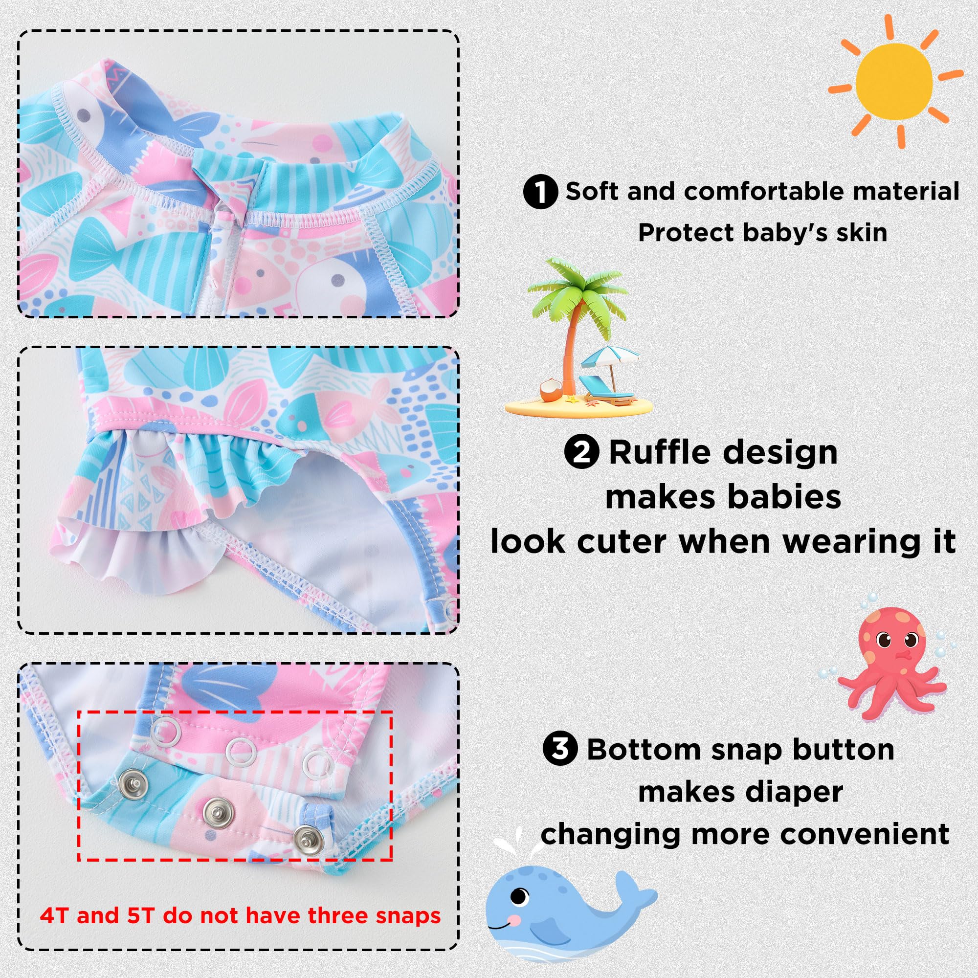 UMELOK Toddler Girls One Piece Swimsuit Long Sleeve Bathing Suit UPF 50+ Sun Protection Rash Guard Swimwear with Zipper Cute Fish,4T