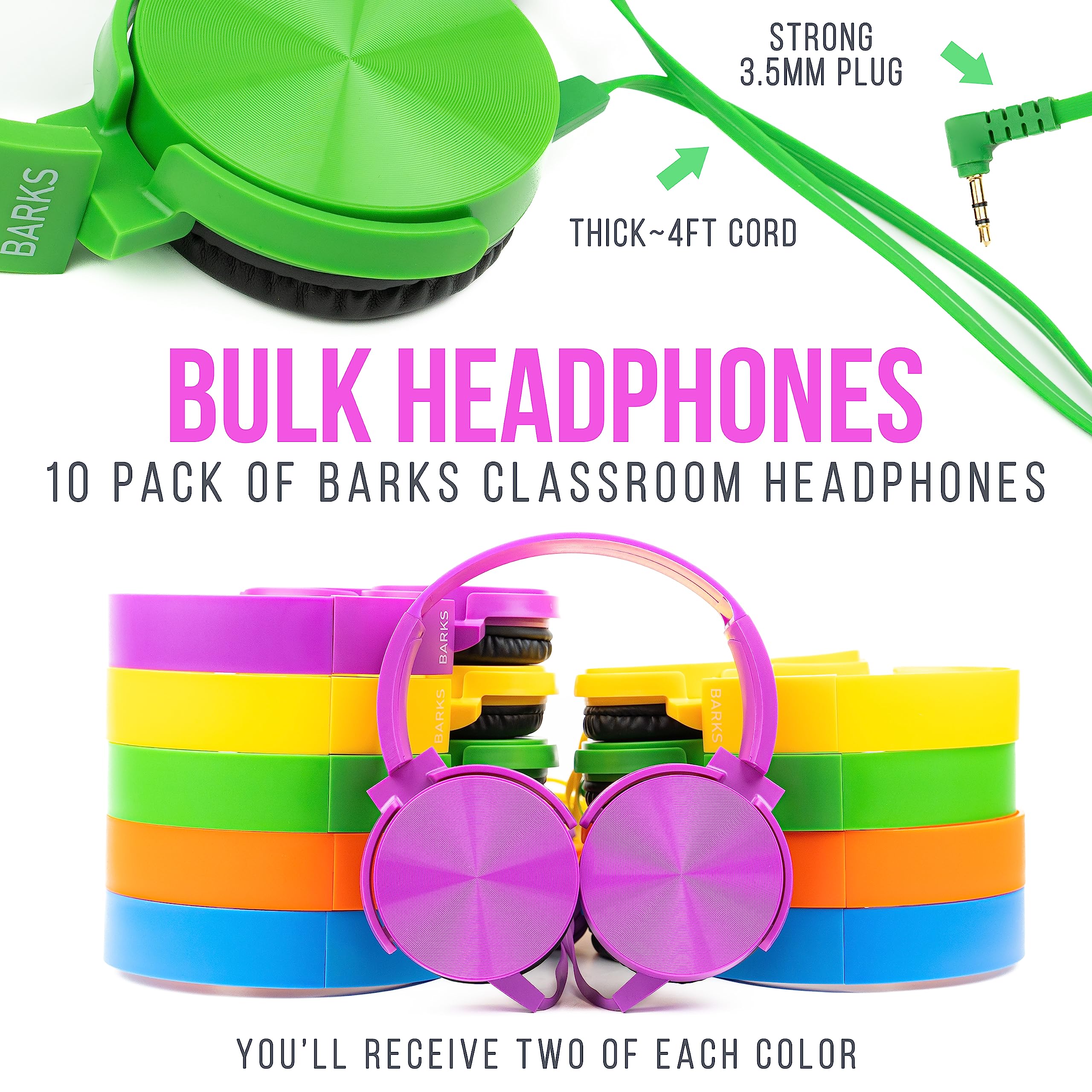 Barks Classroom Headphones (10 Pack, Mixed Colors) - On-Ear Premium Student Bulk Headphones: Perfect for Kids K-12, Schools & Class Sets (Colorful, Durable, Noise Reducing, Comfortable, Easy-to-Clean)