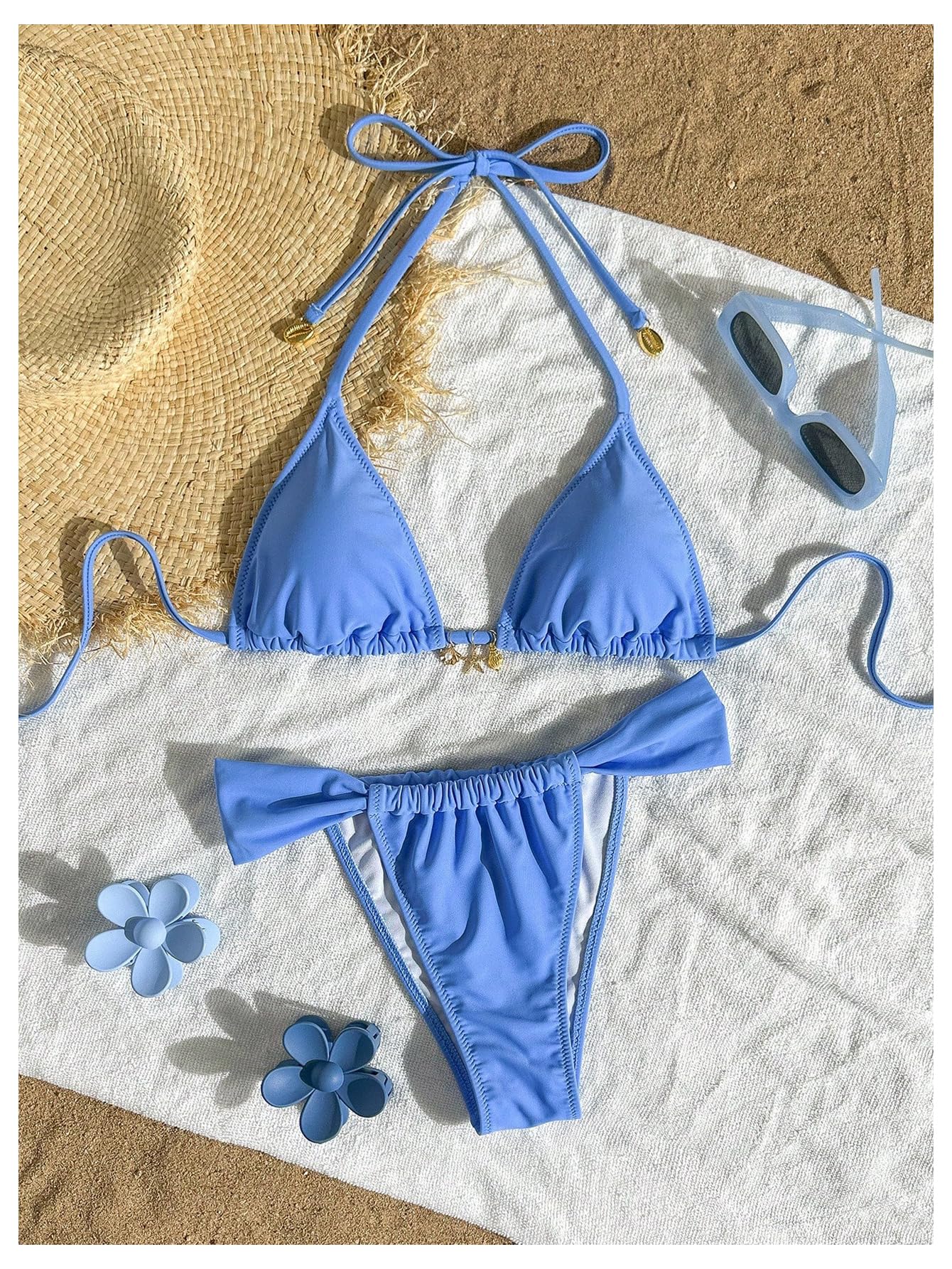 SOLY HUX Women's Halter String Bikini Sets High Cut Cheeky Thong Sexy Two Piece Swimsuits Bathing Suit Pure Blue Small