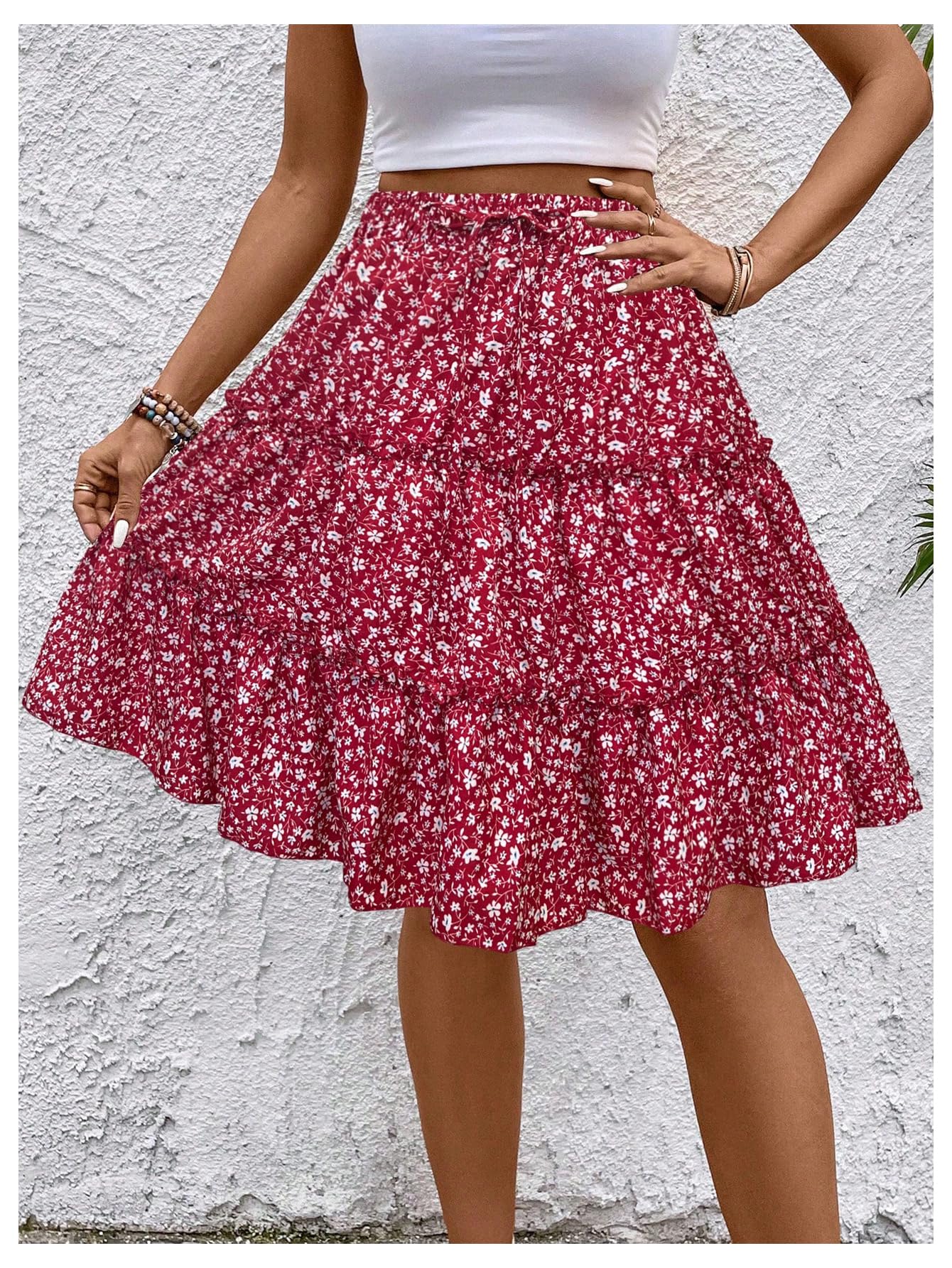 WDIRARA Women's Floral Print Ruffle Hem Elastic High Waist Tie Front Skirt Boho Red Large
