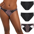 Maidenform Women's Moderate Protection Period Bikini Panties, Built-in Liner, Odor Guard, 3-Pack, Black/Sparrow Brown Leopard/Black