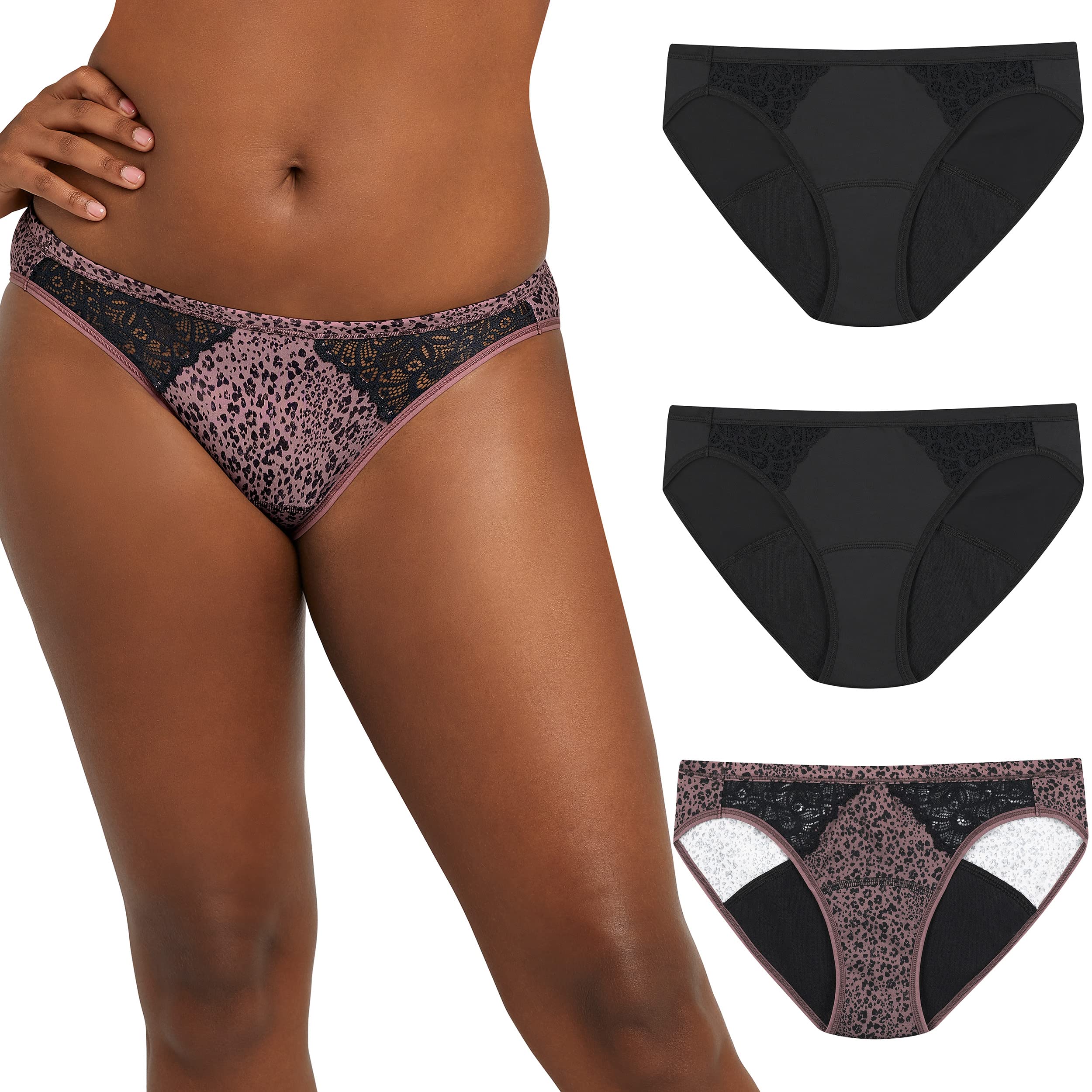 Maidenform Women's Moderate Protection Period Bikini Panties, Built-in Liner, Odor Guard, 3-Pack, Black/Sparrow Brown Leopard/Black