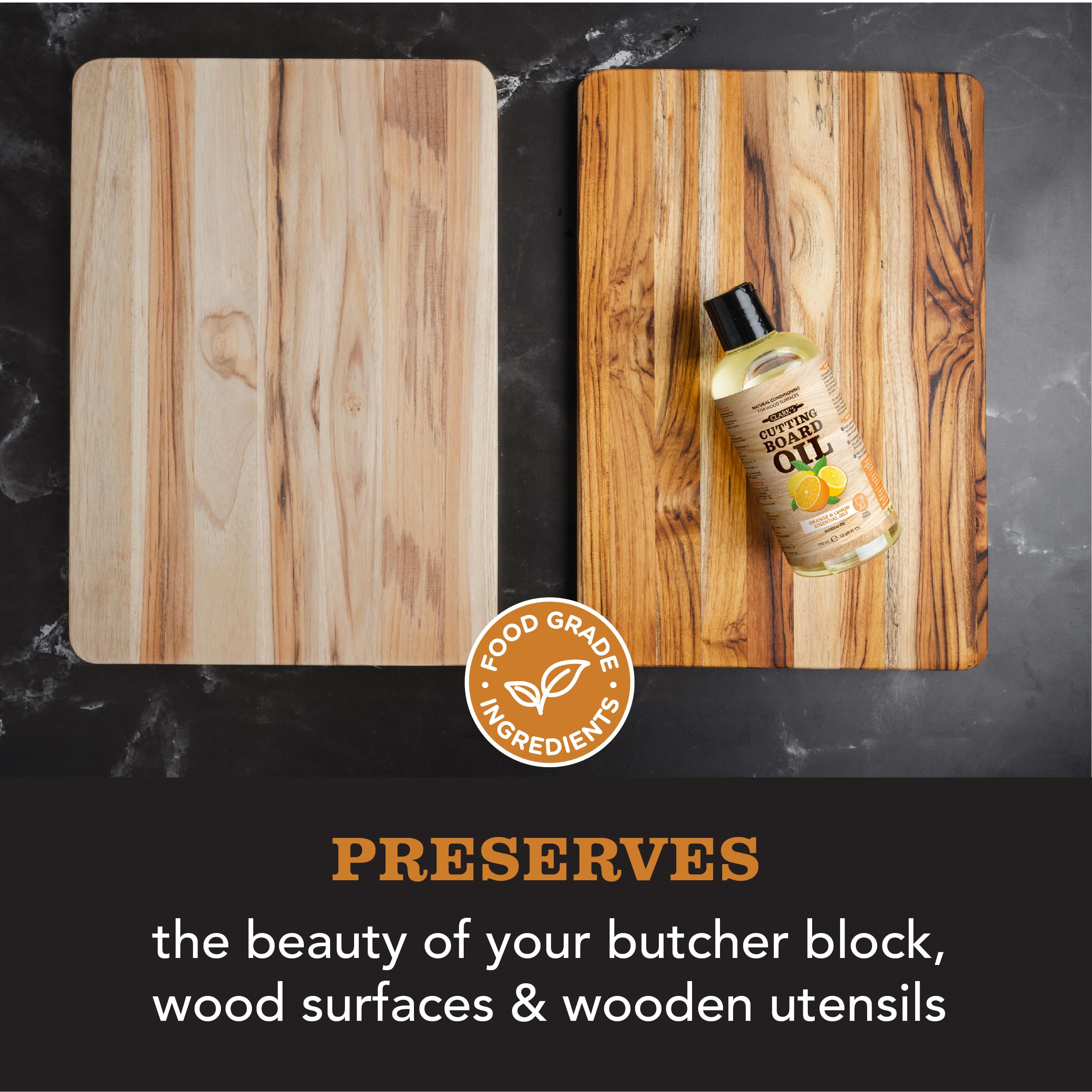 CLARK’S Cutting Board Oil and Wax Kit – Includes Food Grade Mineral Oil (12oz), Finishing Wax (6oz), Applicator, & Buffing Pad to Clean and Protect Wood, Enriched with Natural Lemon & Orange Extract
