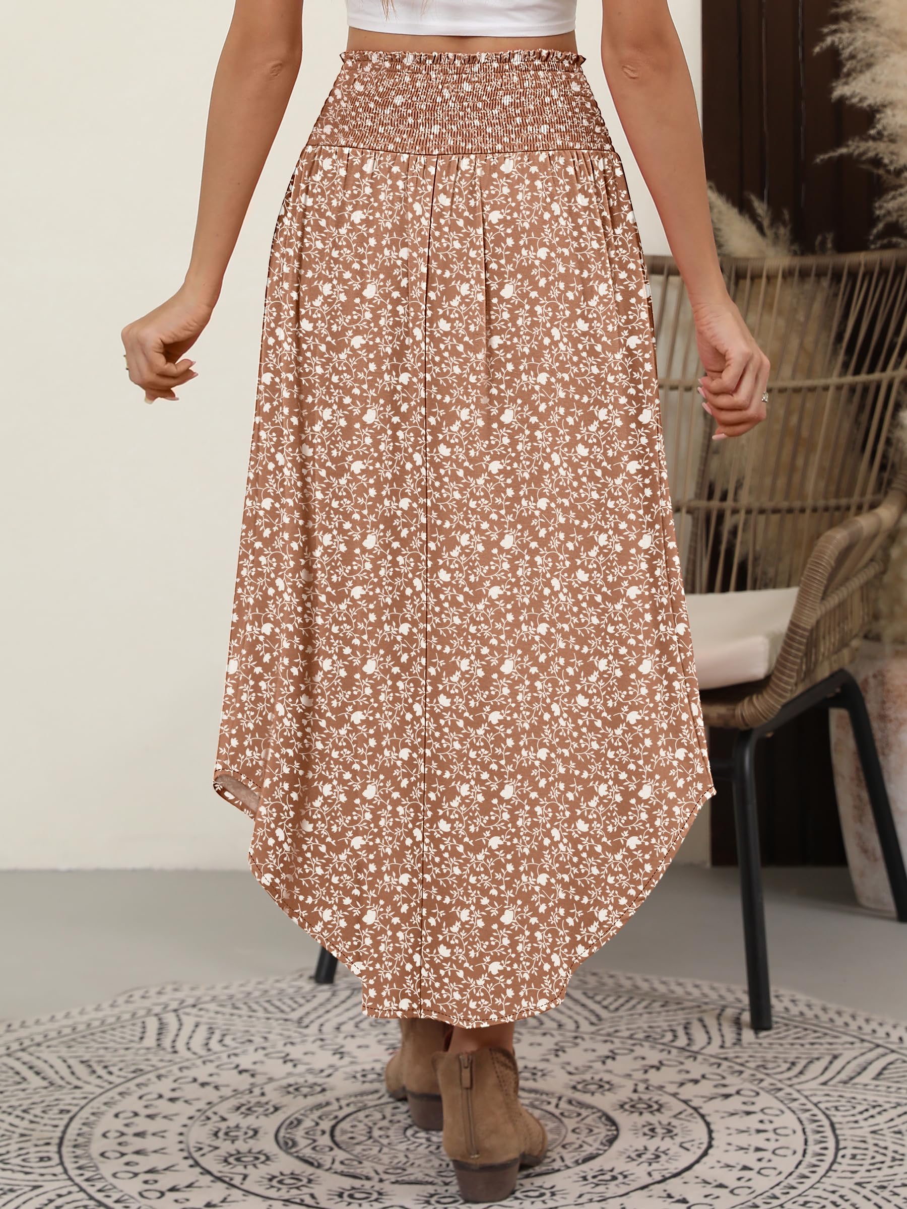 ANRABESS Women's Maxi Skirts Summer Boho Floral High Waisted Flowy Swing Pleated Beach Long Skirt with Pockets Brown Large