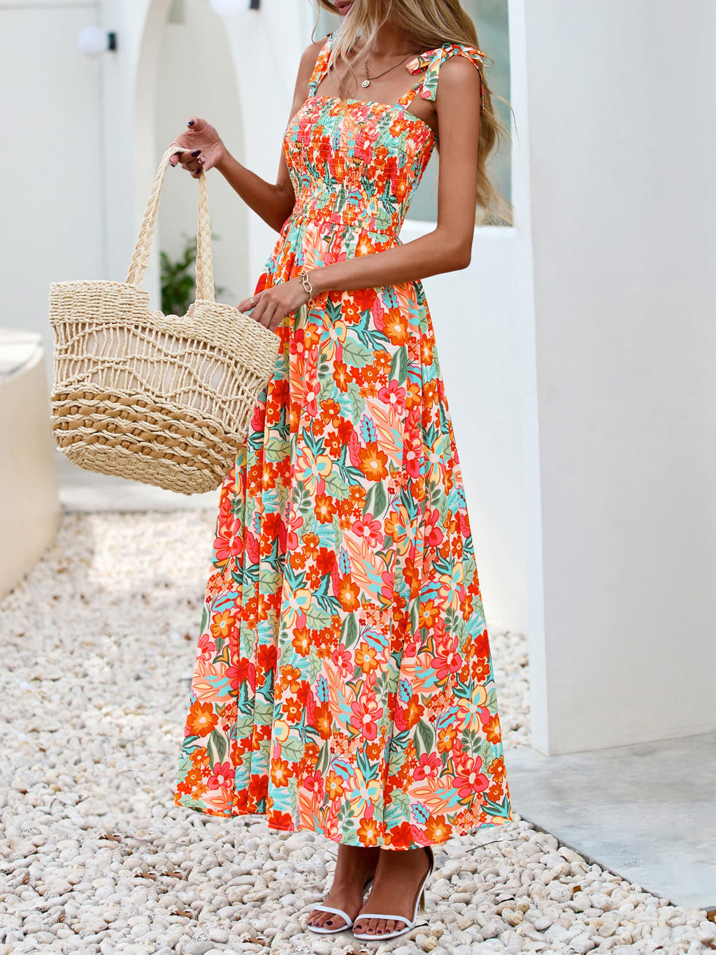 PRETTYGARDEN Womens Summer Dresses Floral Sleeveless Smocked Maxi Dress Boho Spaghetti Strap A Line Flowy Beach Long Sundress(Light Apricot Orange Flower,X-Large)