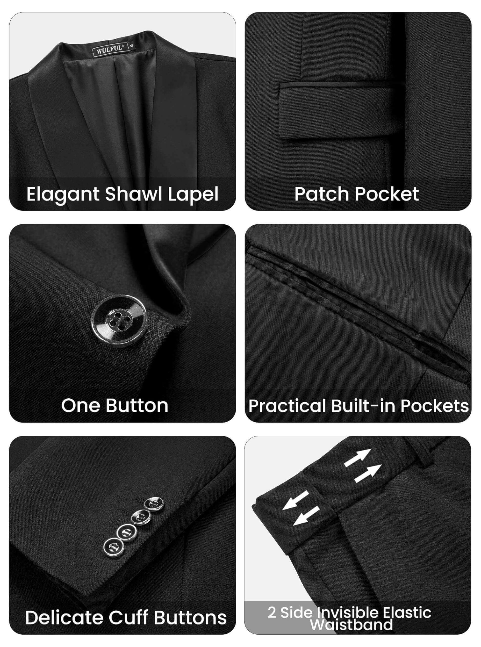 WULFUL Men's 3 Piece Suits Slim Fit Tuxedo Suit Set One Button Shawl Lapel Blazer Jacket Vest Pants Set for Prom, Business Black