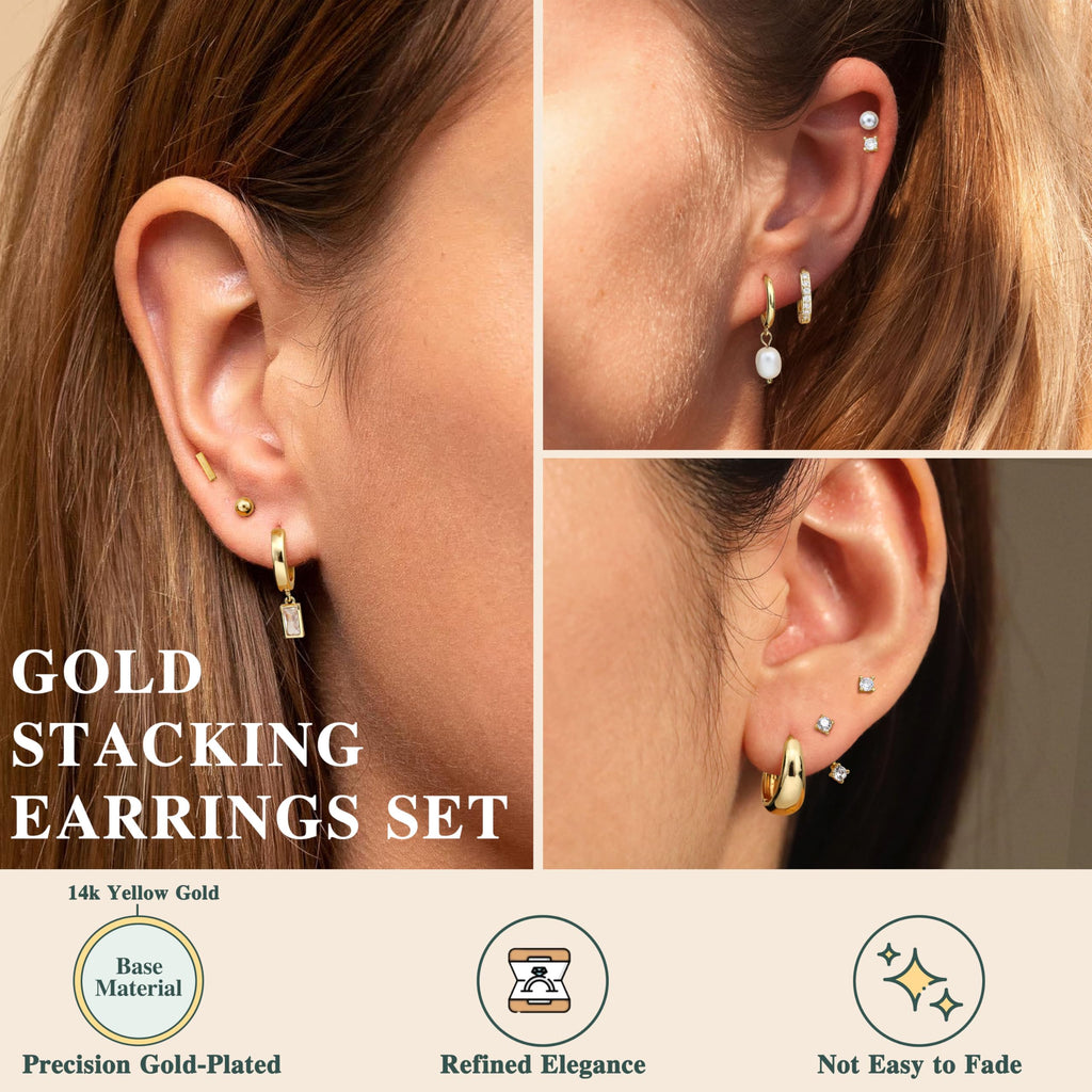 BESTEEL 13 Pairs Small Stud Hoop Earrings Set for Women Hypoallergenic 14K Gold Plated Dainty Huggie Hoops Lightweight Earrings for Gift