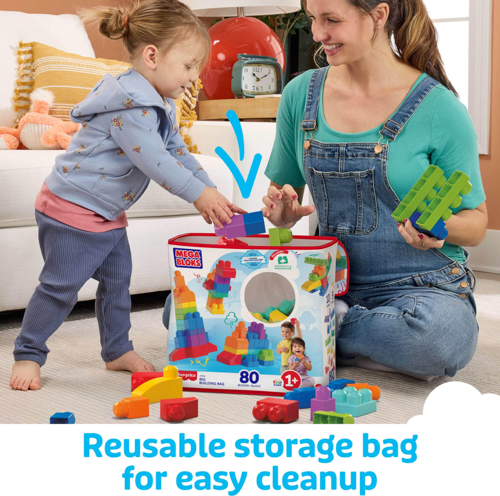 MEGA BLOKS First Builders Toddler Blocks Toys Set, Big Building Bag with 80 Pieces and Storage, Blue, Ages 1+ Years