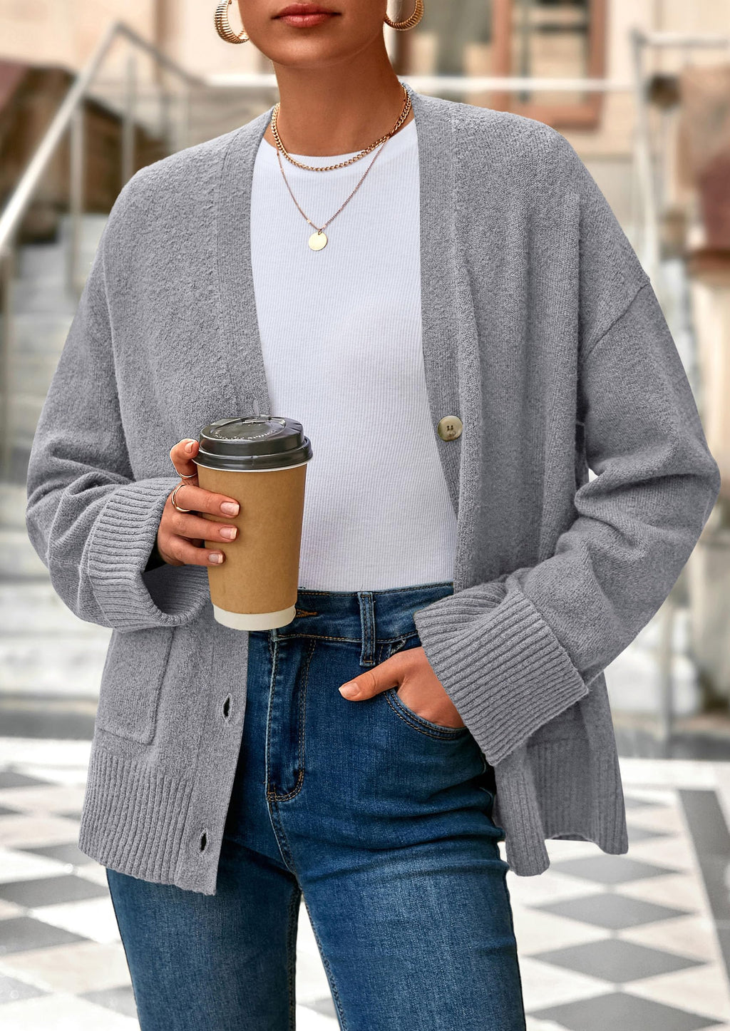 PRETTYGARDEN Women's 2026 Oversized Cardigan Sweaters Trendy Chunky Knit Long Sleeve V Neck Button Down Fall Winter Outfits (Grey,Small)