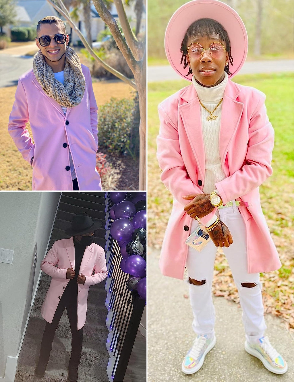 Springrain Men's Wool Blend Pea Coat Notched Collar Single Breasted Overcoat Warm Winter Trench Coat(Pink-S)