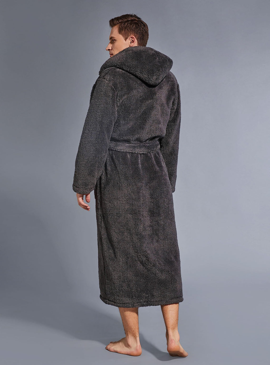 SlumberMee Mens Fleece Plush Robe with Hood Ultra Soft Fluffy Full Length Long with Pockets Luxurious House Coat (Dark Grey, L)