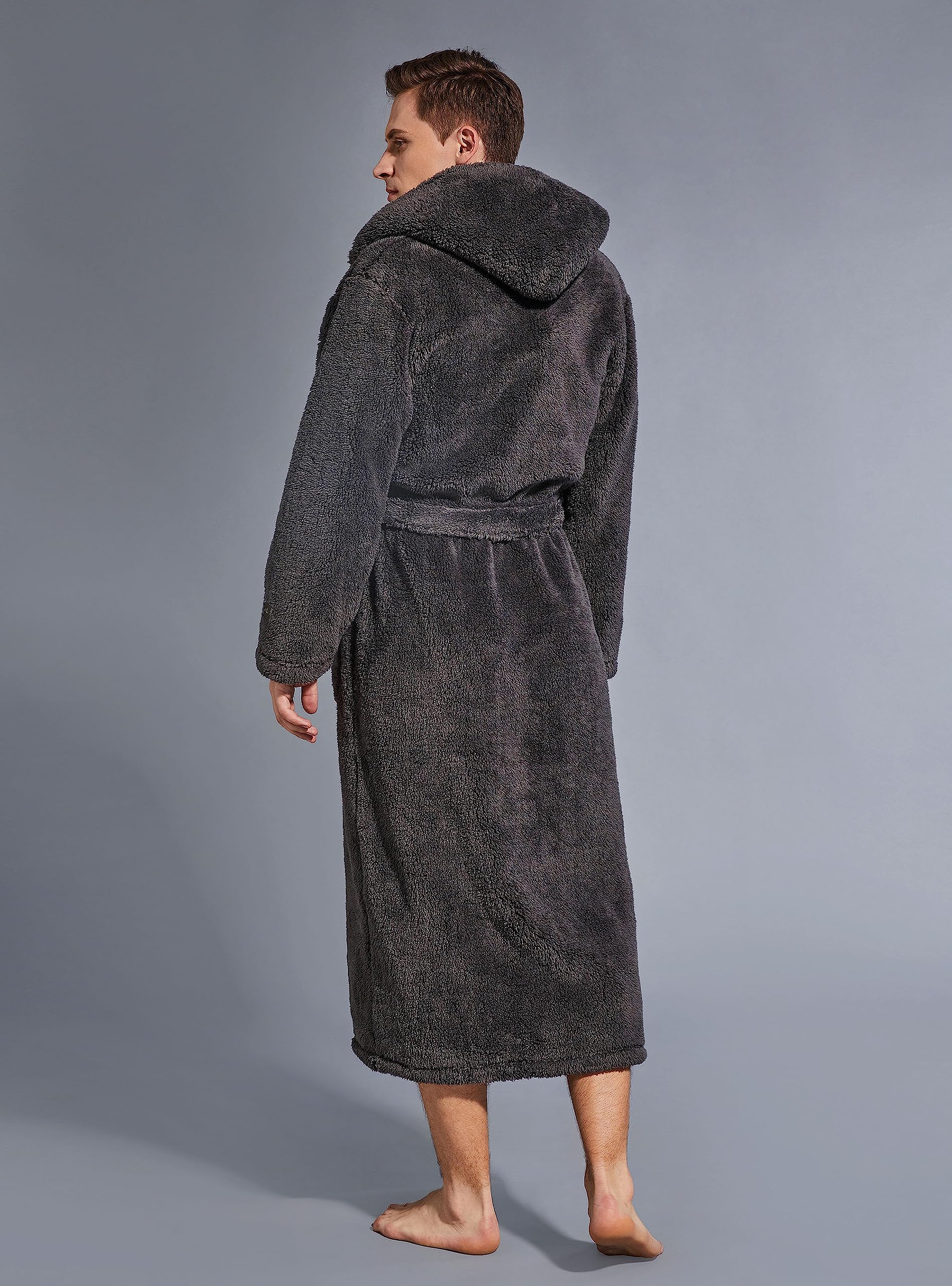 SlumberMee Mens Fleece Plush Robe with Hood Ultra Soft Fluffy Full Length Long with Pockets Luxurious House Coat (Dark Grey, L)