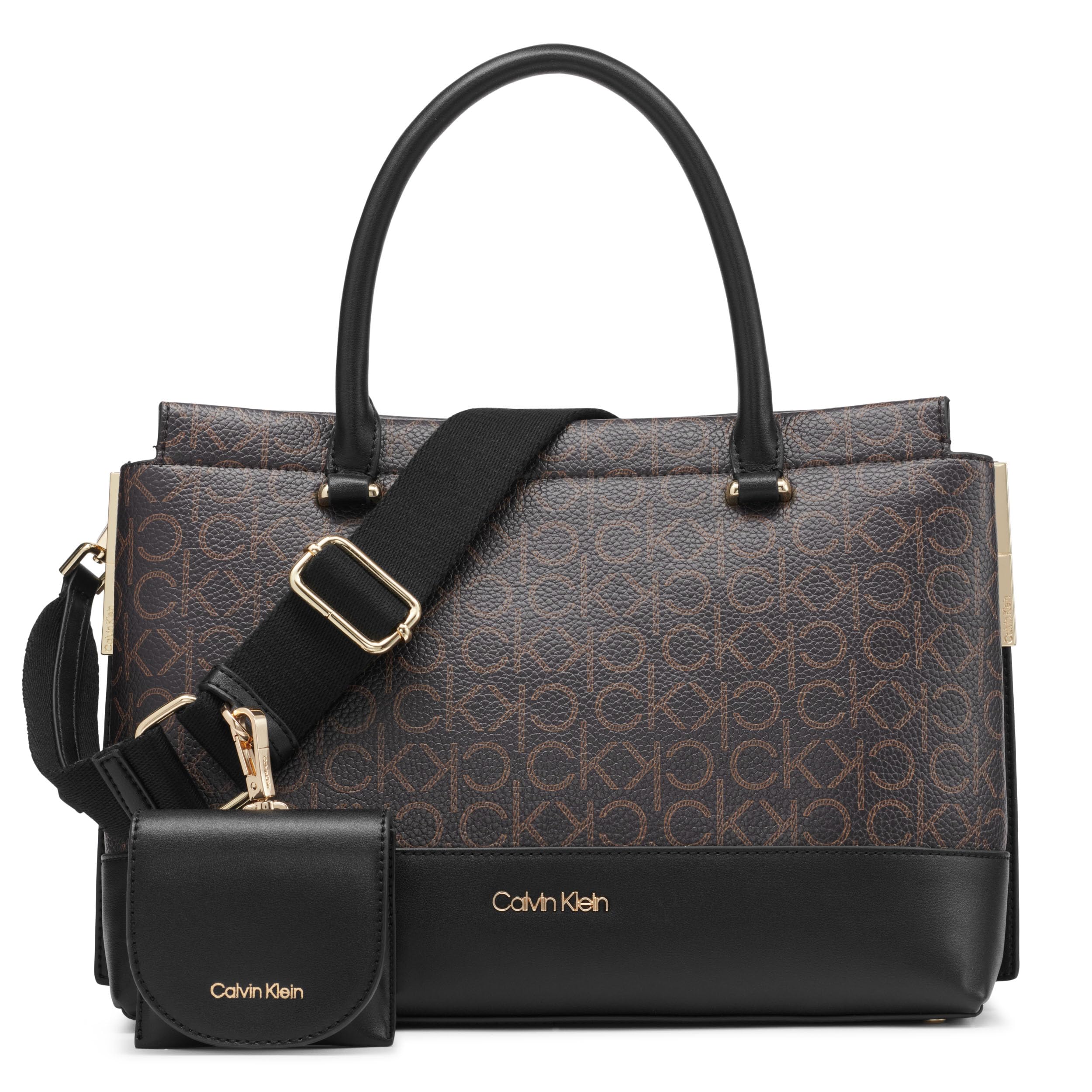 Calvin Klein Bianca Triple Compartment Satchel, Brown/Khaki/Black, One Size