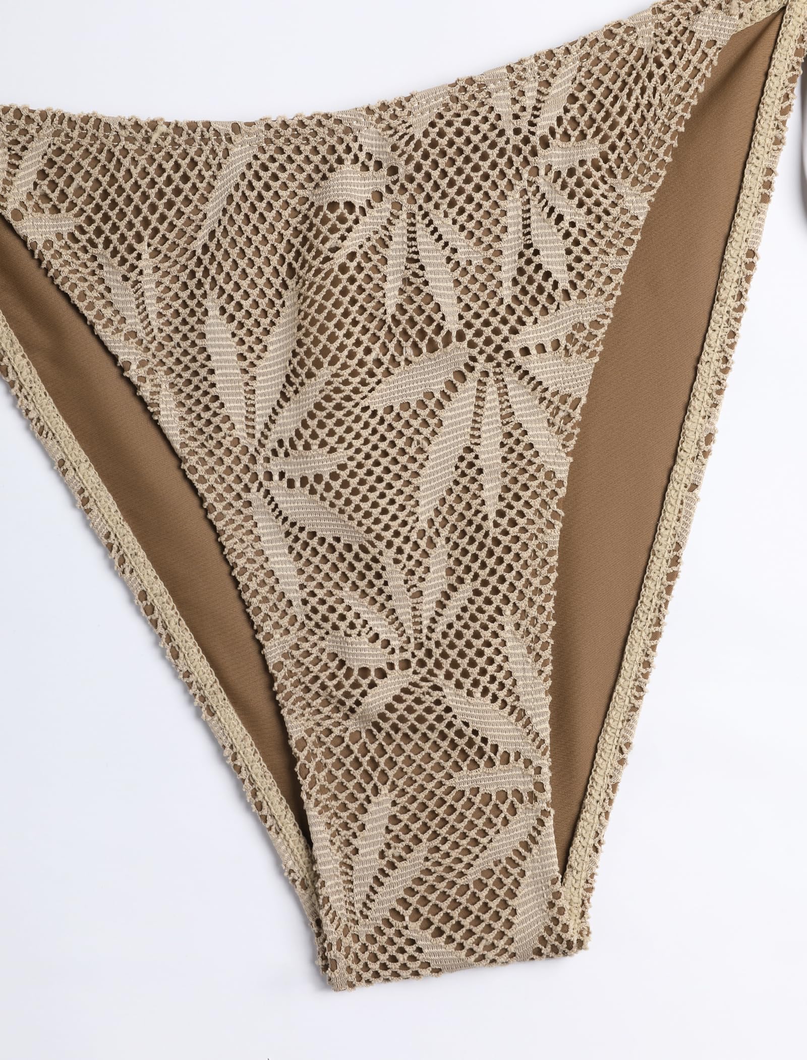 ZAFUL Boho Halter Bikini Sets for Women Hollow Crochet Beaded Backless Two Piece Swimsuit Cheeky High Cut Bathing Suit 3-Brown S