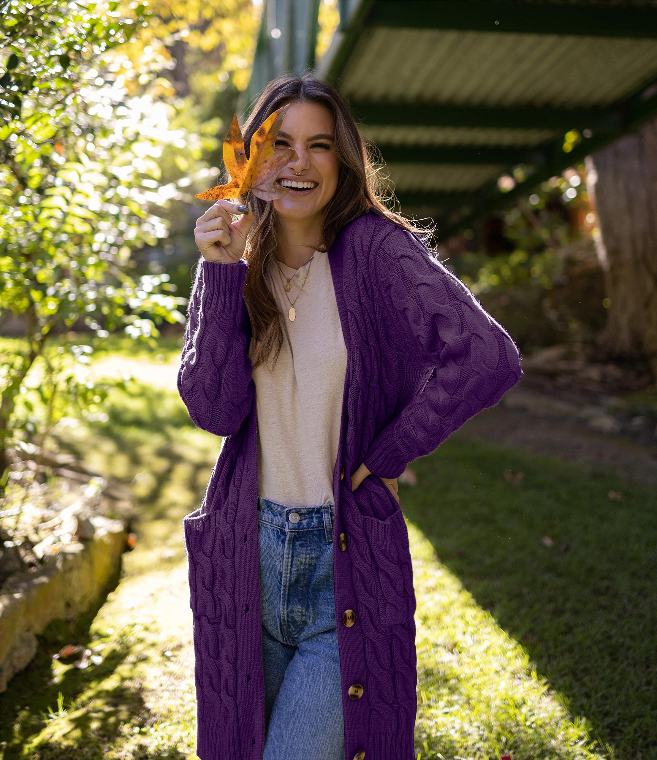 PRETTYGARDEN Long Sleeve Cable Knit Long Cardigan for Women 2026 Spring Winter Chunky Open Front Button Sweaters with Pockets (Deep Purple, Small)