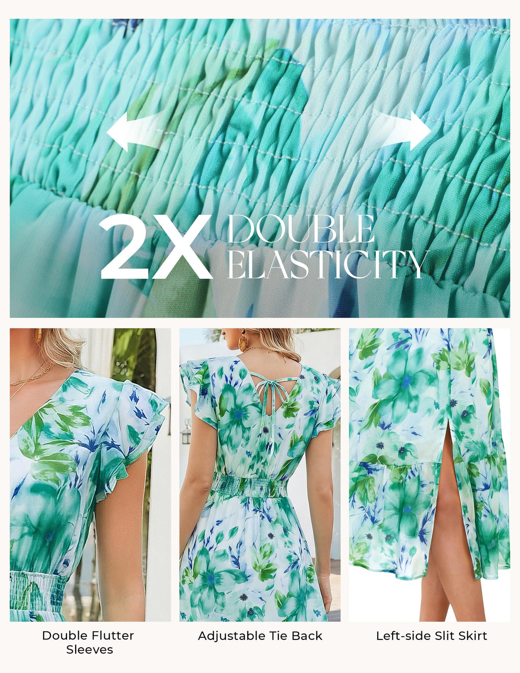 GRACE KARIN 2026 Womens Summer Dresses V Neck Ruffle Sleeve Floral Boho Beach A-Line Dress Green-Floral Print X-Large