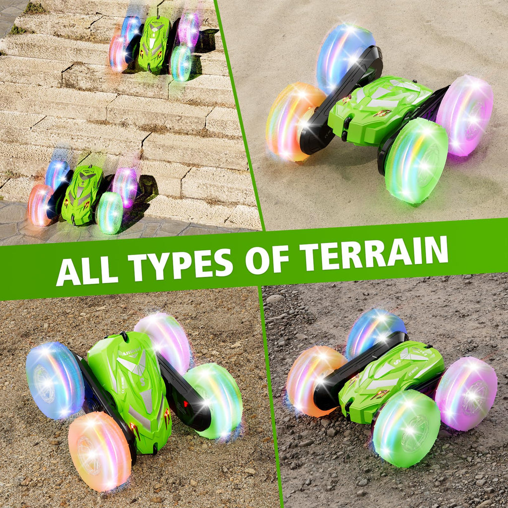 Amicool Remote Control Car for Boy 6-12 with Flashing Light, 6 7 8 9 Years Old Boy Toys, Race RC Cars Stunt Drift 4WD 2.4Ghz Double Sided 360° Flip, Boys Gift Idea for Kids Birthday Christmas, Green