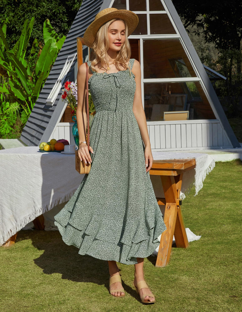 GRACE KARIN Women's 2025 Summer Floral Boho Dress Square Neck Strapped Swing A Line Sundress Beach Long Maxi OutfitsGreen L