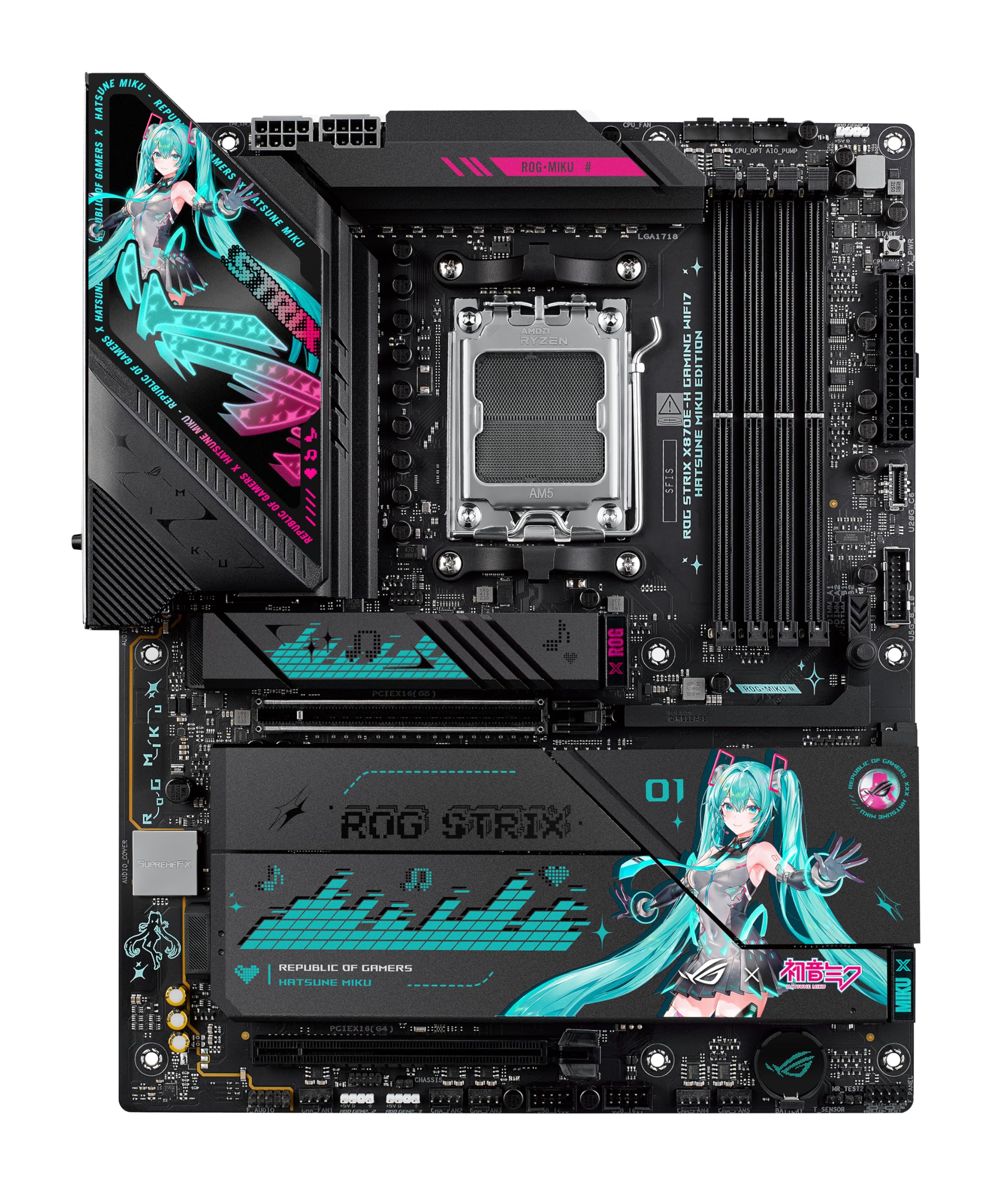 ASUS ROG Strix X870E-H Gaming WIFI7 Hatsune Miku Edition AMD X870E ATX Motherboard, 16+2+1 Power Stages, Dynamic OC Switcher, Core Flex, DDR5, 4X M.2, PCIe 5.0, Dual USB4 Ports, USB 10Gbps Type-C