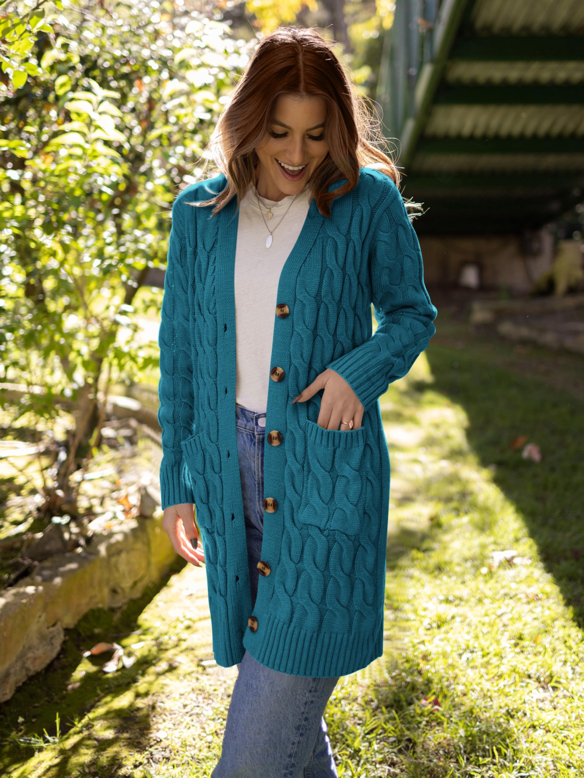 PRETTYGARDEN Long Sleeve Cable Knit Long Cardigan for Women 2026 Spring Winter Chunky Open Front Button Sweaters with Pockets(Cyan,Small)