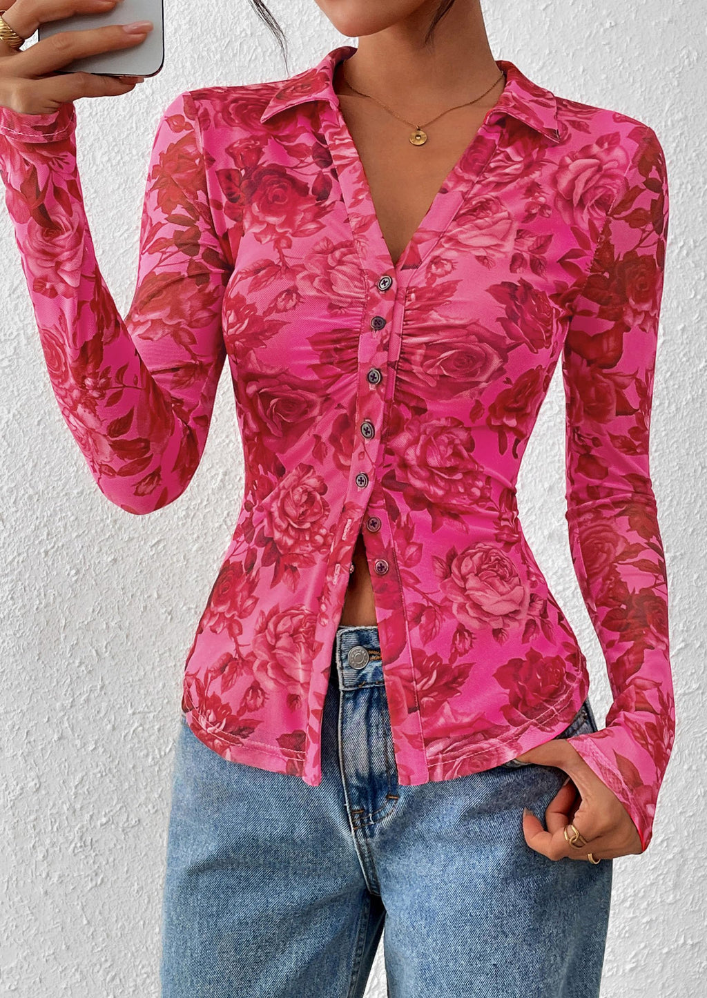 PRETTYGARDEN Women Button Down Floral Shirts 2026 Fall Trendy Long Sleeve V Neck Mesh Boho Blouse Spring Tops Date Outfits (Pink Red Floral,Large)