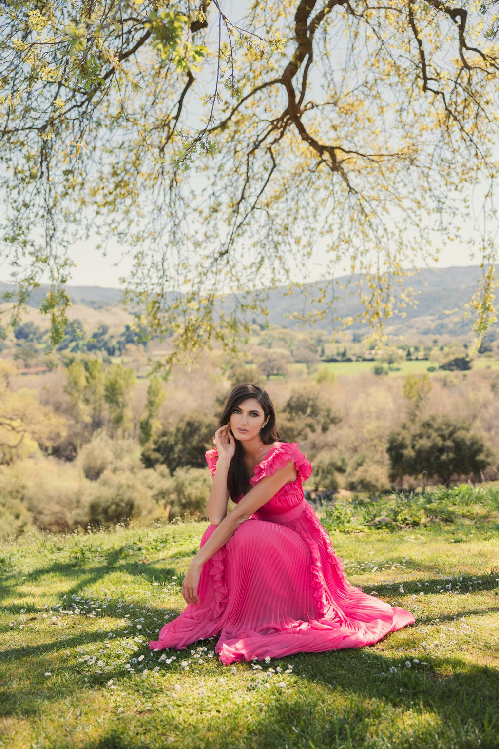 Mac Duggal Pleated Ruffle Cap Sleeve Flowy A Line Gown Fuchsia
