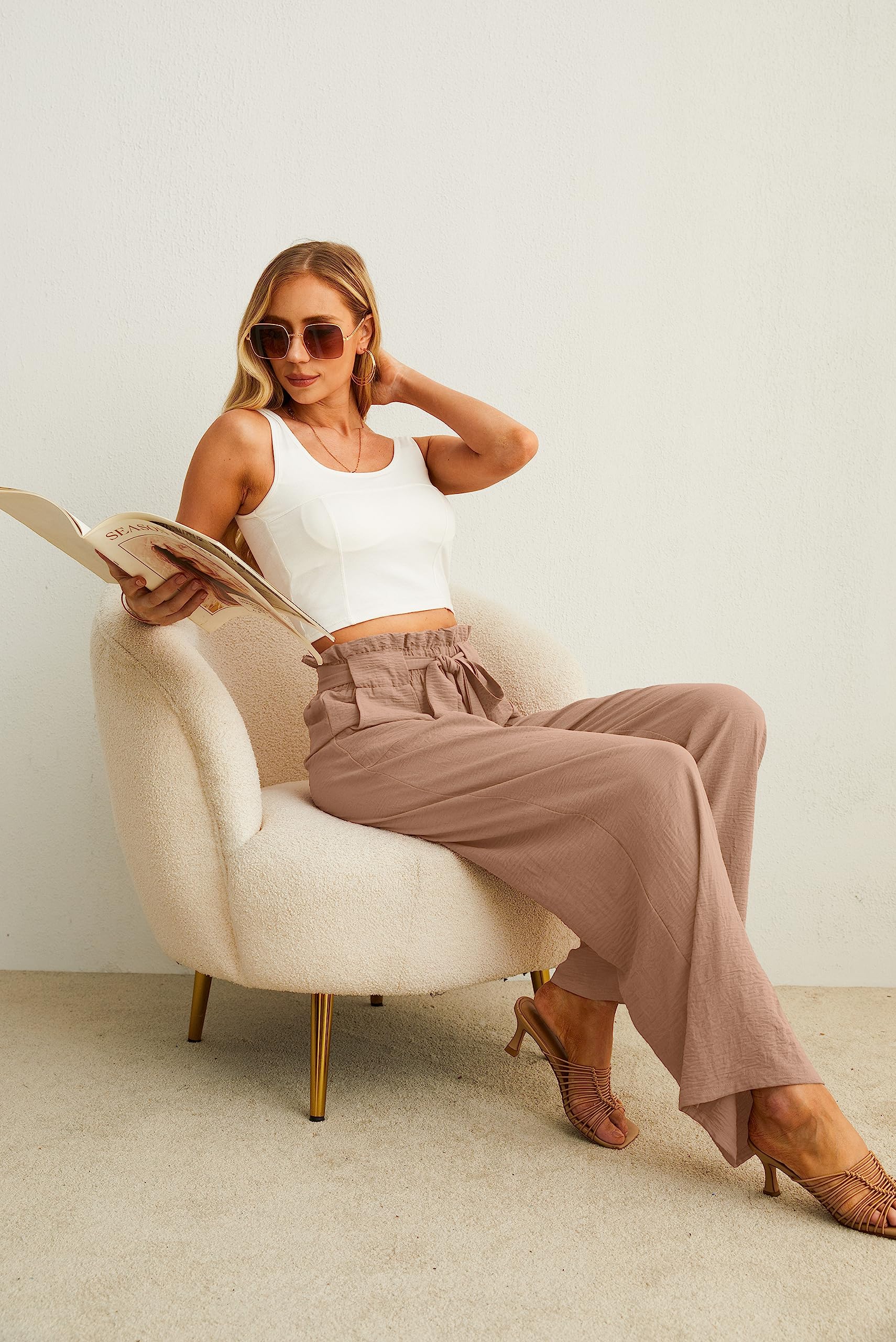 IWOLLENCE Women's Wide Leg Pants with Pockets High Waist Adjustable Knot Loose Casual Trousers Business Work Casual Pants Khaki Large