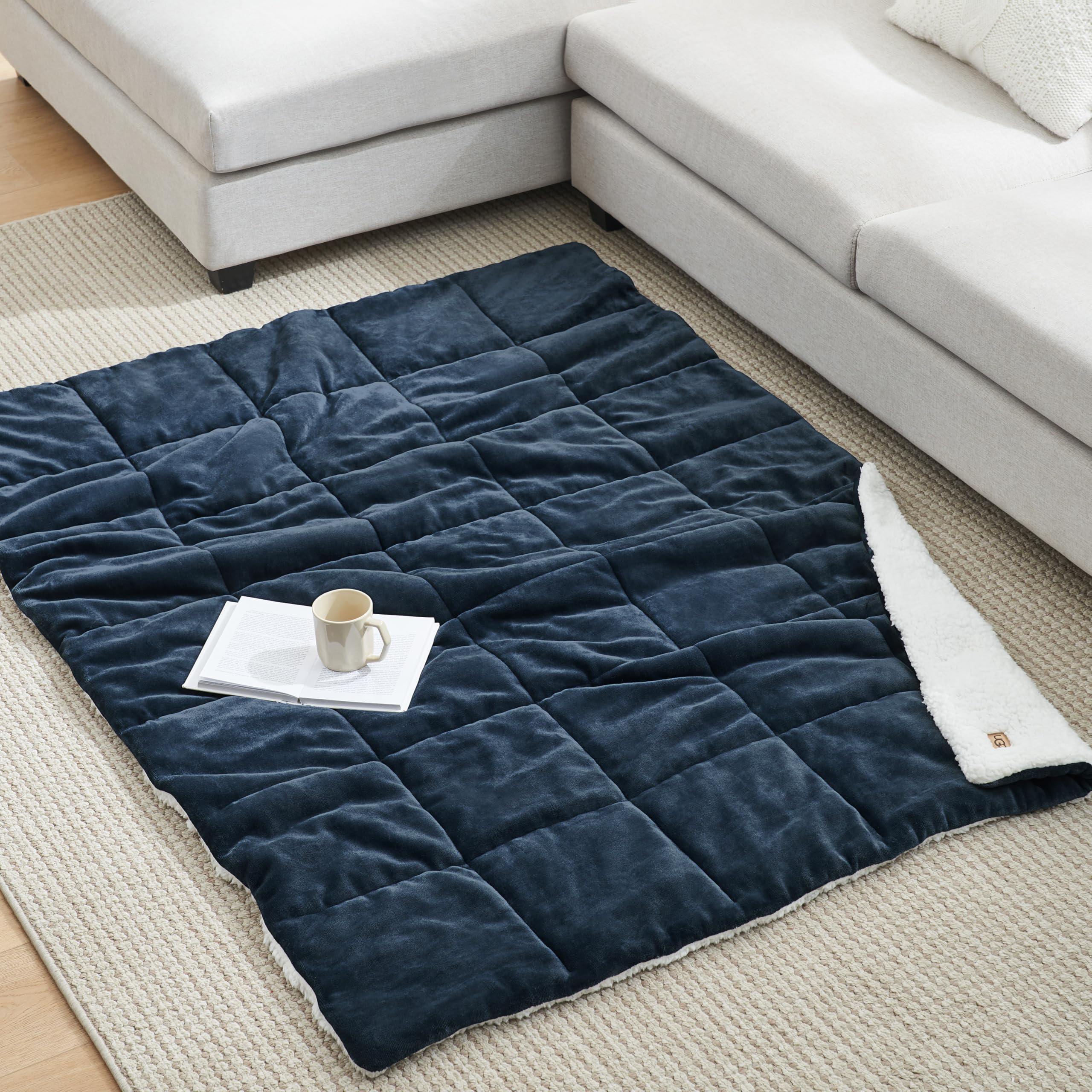 UGG Nita Throw Blanket Soft Reversible Plush Throw for Couch or Bed Cozy Fuzzy Warm Fluffy Blanket for Living Room or Cute Bedroom Decor Down Alternative Washable, 50-inch x 70-inch, Navy Blue