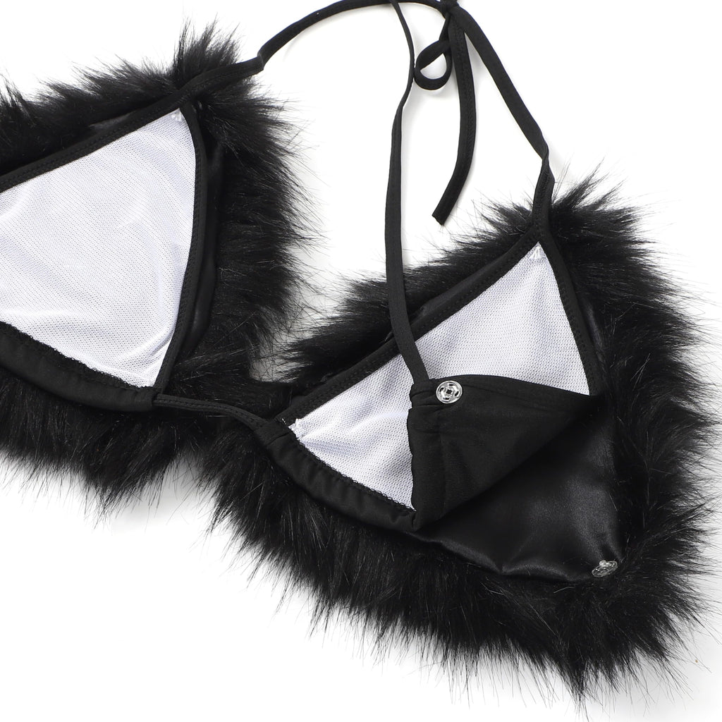 LA CARRIE Women's Detachable Faux Fur Bikini Sets Two Pieces Halter Tie Side Cheeky Leopard Swimsuits Bathing Suit(Black)