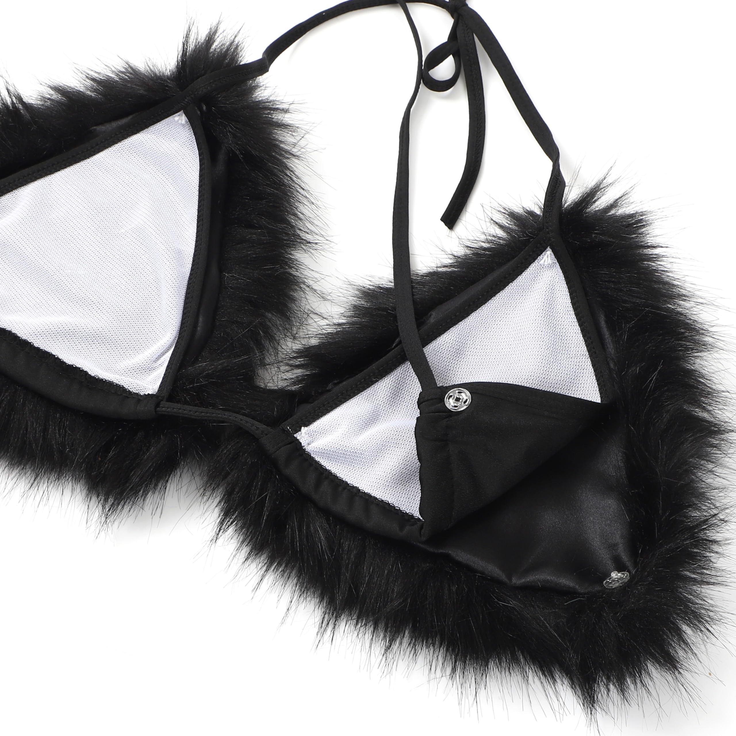 LA CARRIE Women's Detachable Faux Fur Bikini Sets Two Pieces Halter Tie Side Cheeky Leopard Swimsuits Bathing Suit(Black)