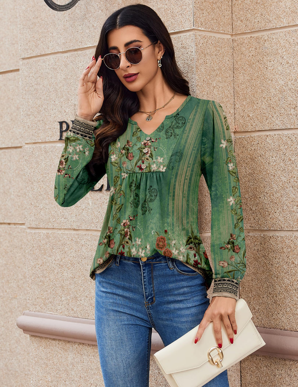Zeagoo Boho Tops For Women Fall Long Sleeve V Neck Henly Shirt Floral Tunic