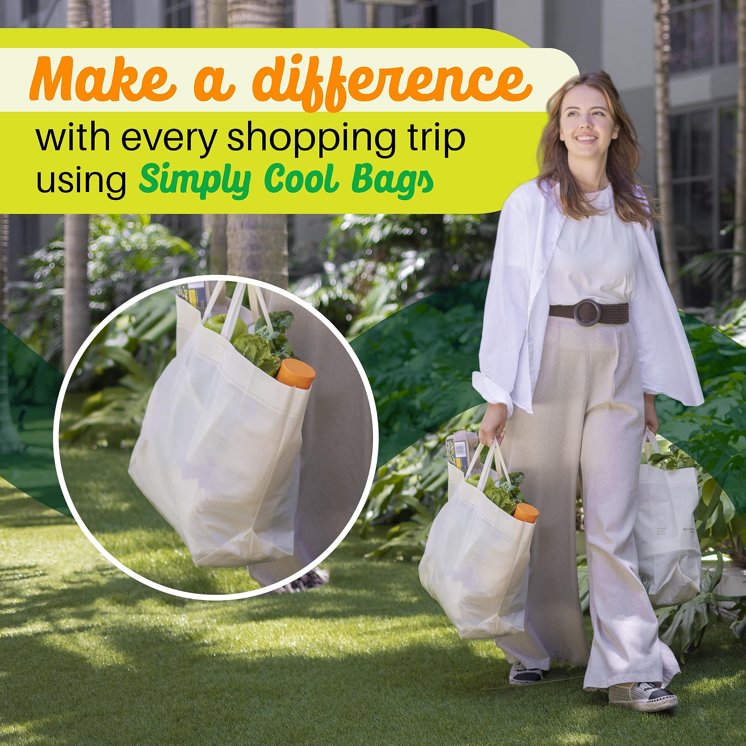 Simply Cool Reusable Grocery Bags Eco-Friendly - Large Reusable Shopping Bags, Heavy Duty Grocery Bags, 14.5"x14"x6.6" Foldable, Tote Bags Bulk (50 Pack, Cream)