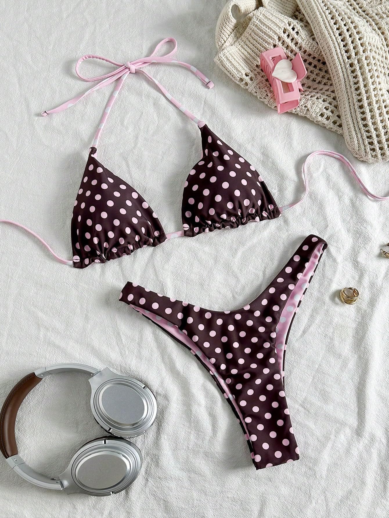 WDIRARA Women's Polka Dots Reversible Bikini Set Halter Triangle Swimsuit 2 Piece High Cut Bathing Suit Coffee Brown Medium