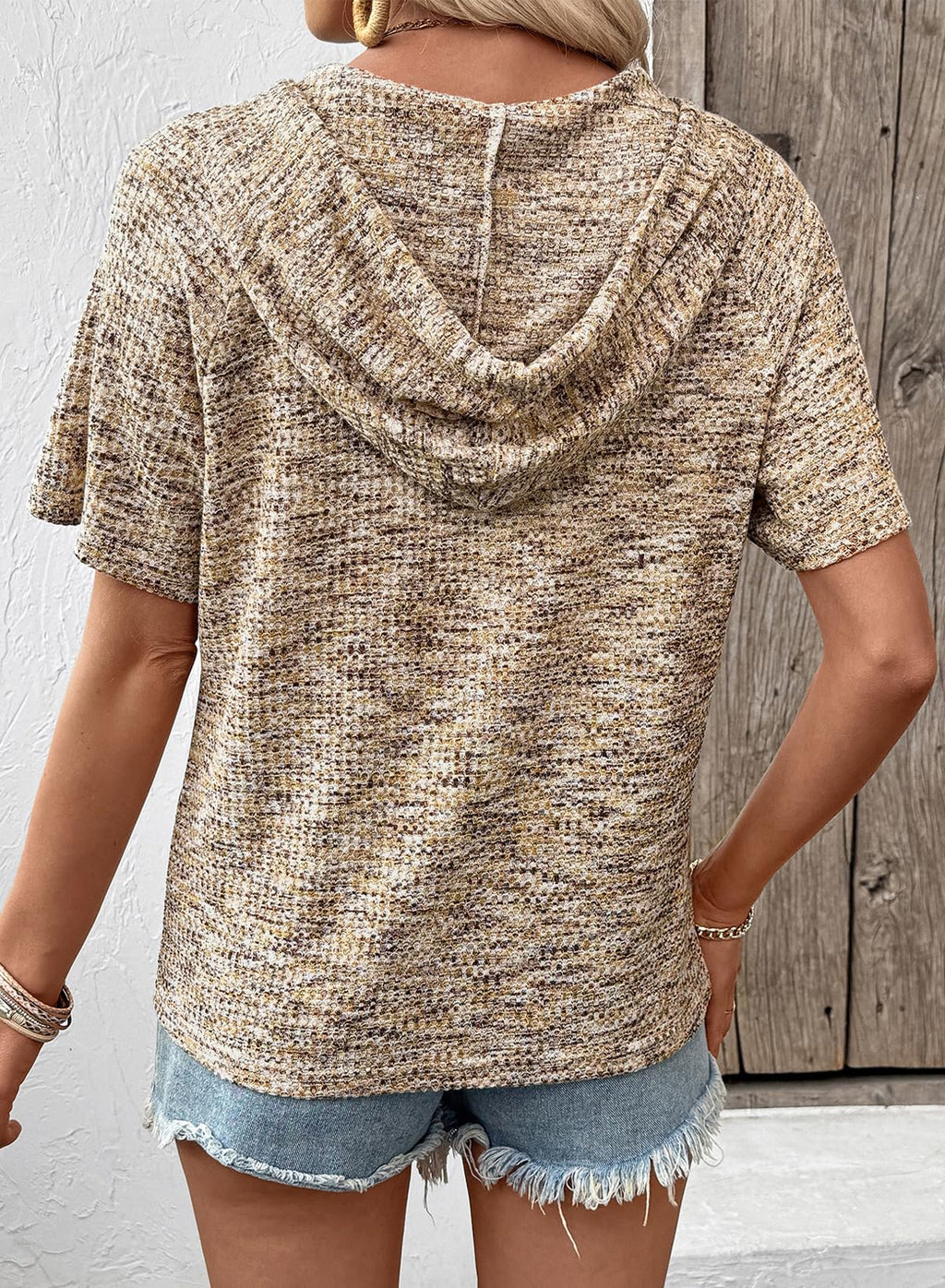 Dokotoo Summer Tops for Women Trendy Lightweight Soft Waffle Knit Short Sleeve T Shirts Hoodie Button Up V Neck Spring Casual Cute Blouses Resort Wear Pullover Sweatshirt Sweater Top Apricot Large
