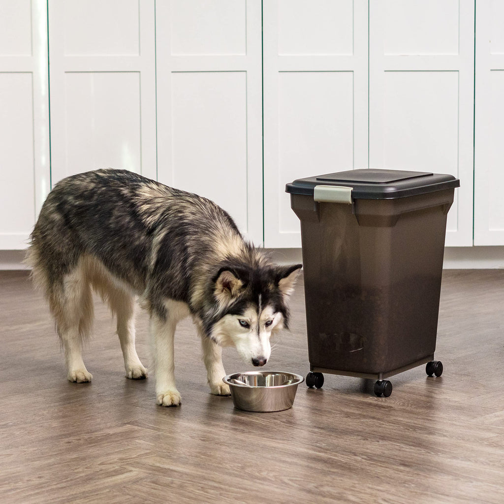 IRIS USA Airtight Dog Food Storage Container, WeatherPro, Up to 40 lbs, Removable Wheels, for Dog Cat Bird and Other Pet Food Storage Bin, Keep Fresh, Translucent Body, Made in USA, Smoke/Black